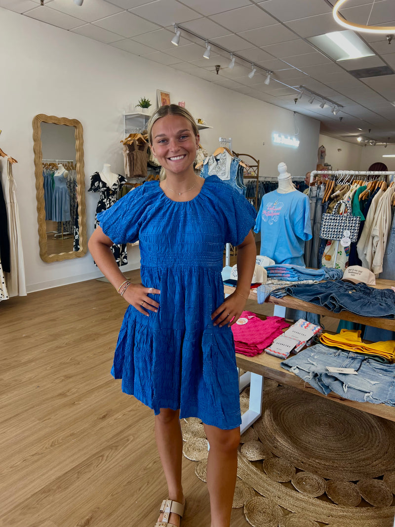 Textured Blue Back-Tie Tiered Dress