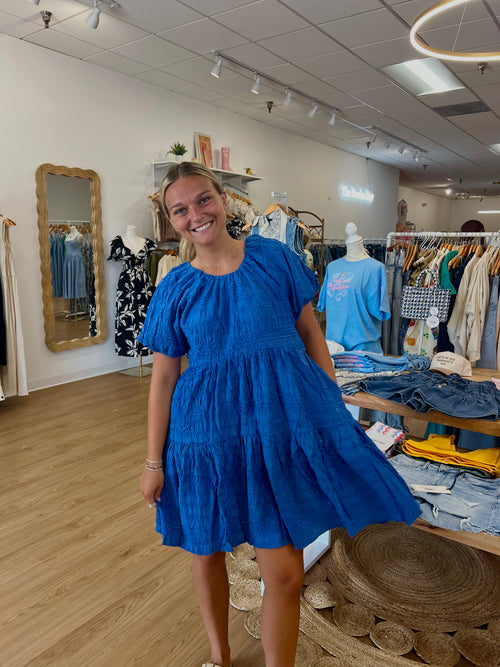 Textured Blue Back-Tie Tiered Dress