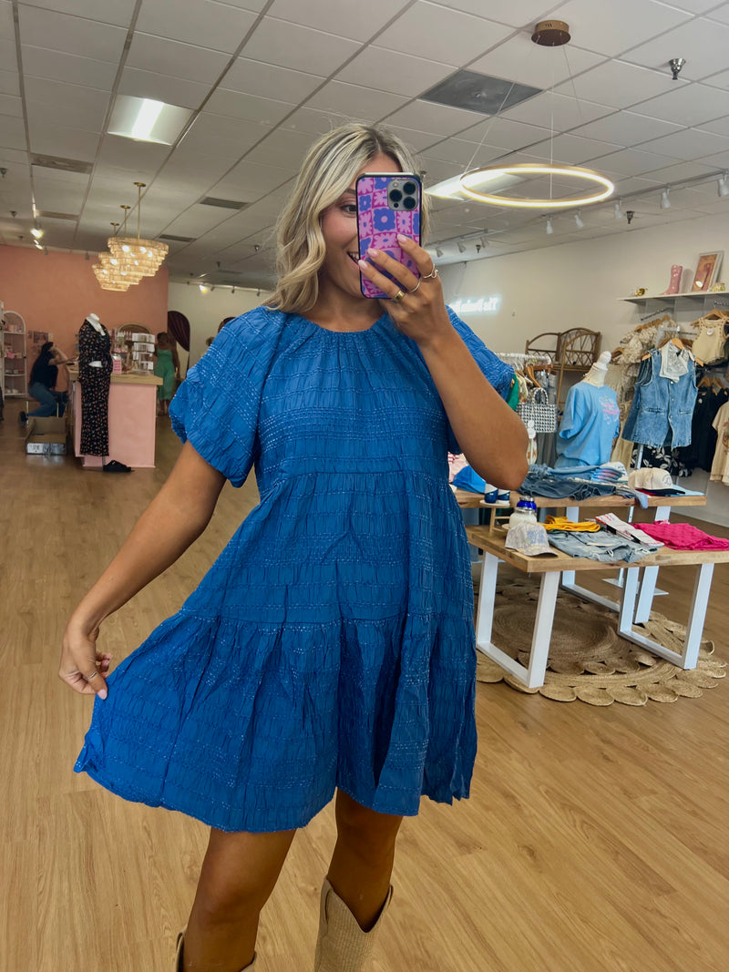 Textured Blue Back-Tie Tiered Dress