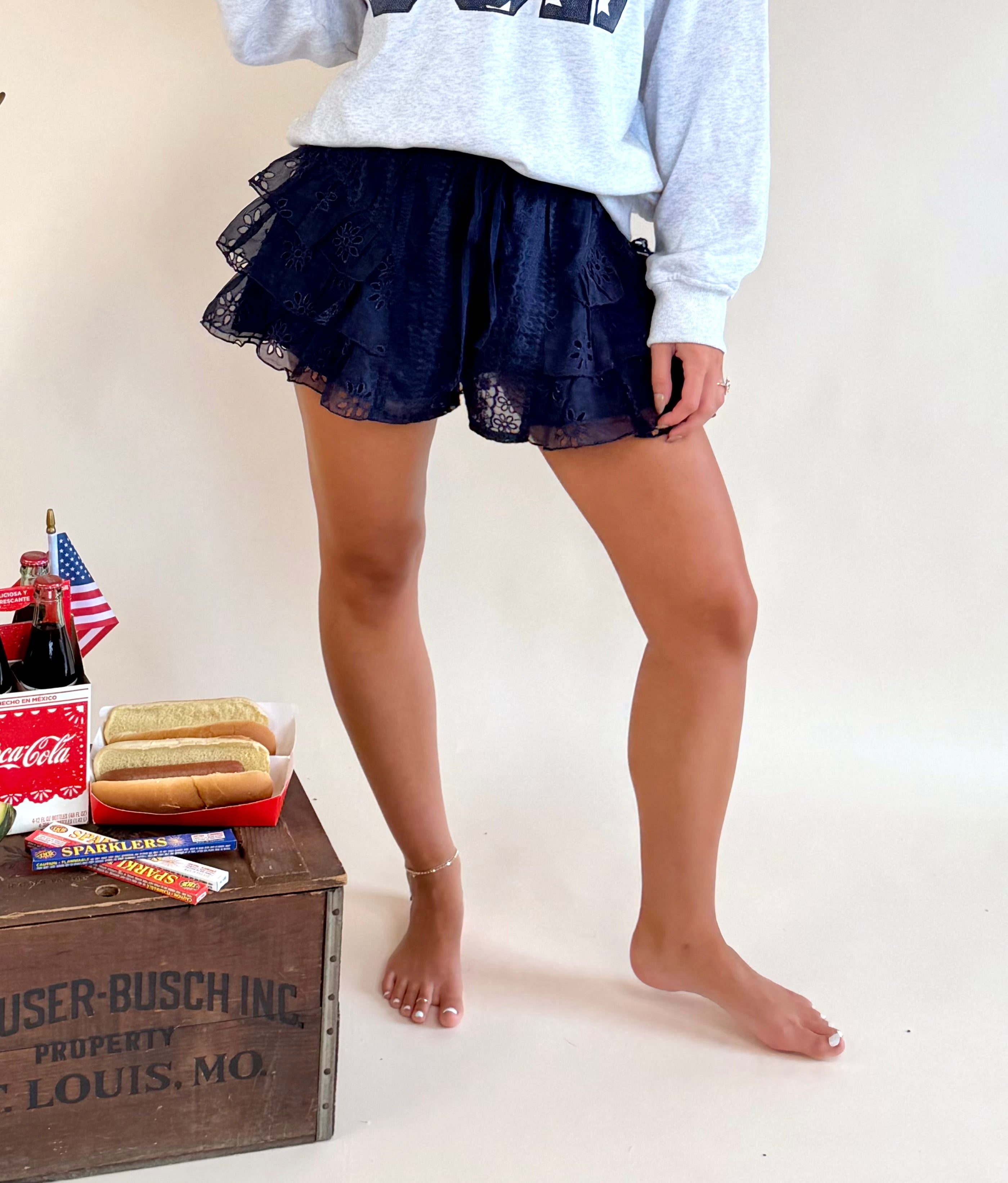 Eyelet, Lace, Ruffle. Tiered, Shorts, Concert, USA