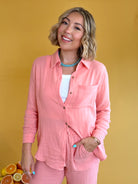 double gauze, button down, side pocket, cover up, breach top, summer top, summer, vacation, vacay outfit, coral