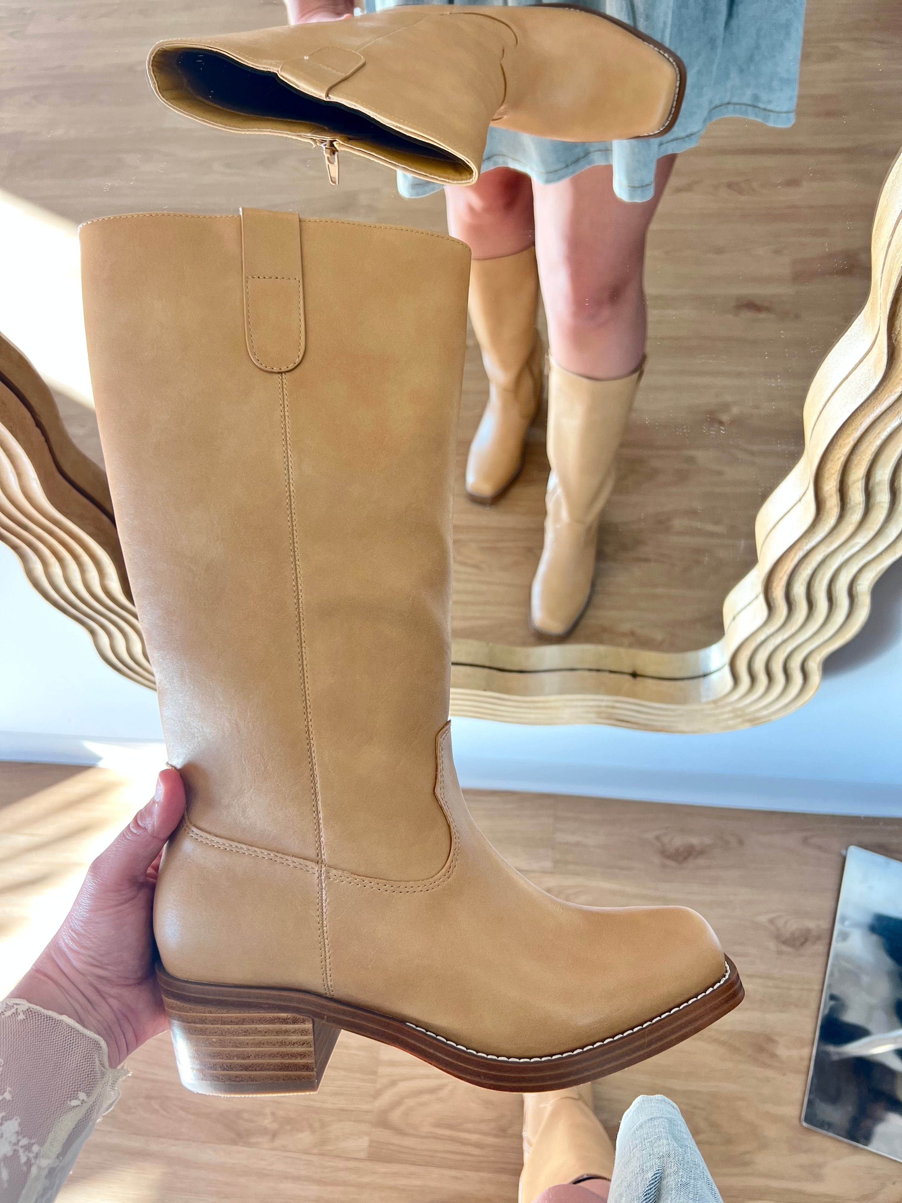 Frye Boot Dupe, Tan boots, calf height boot, elevated shoes, shoe fashion 
