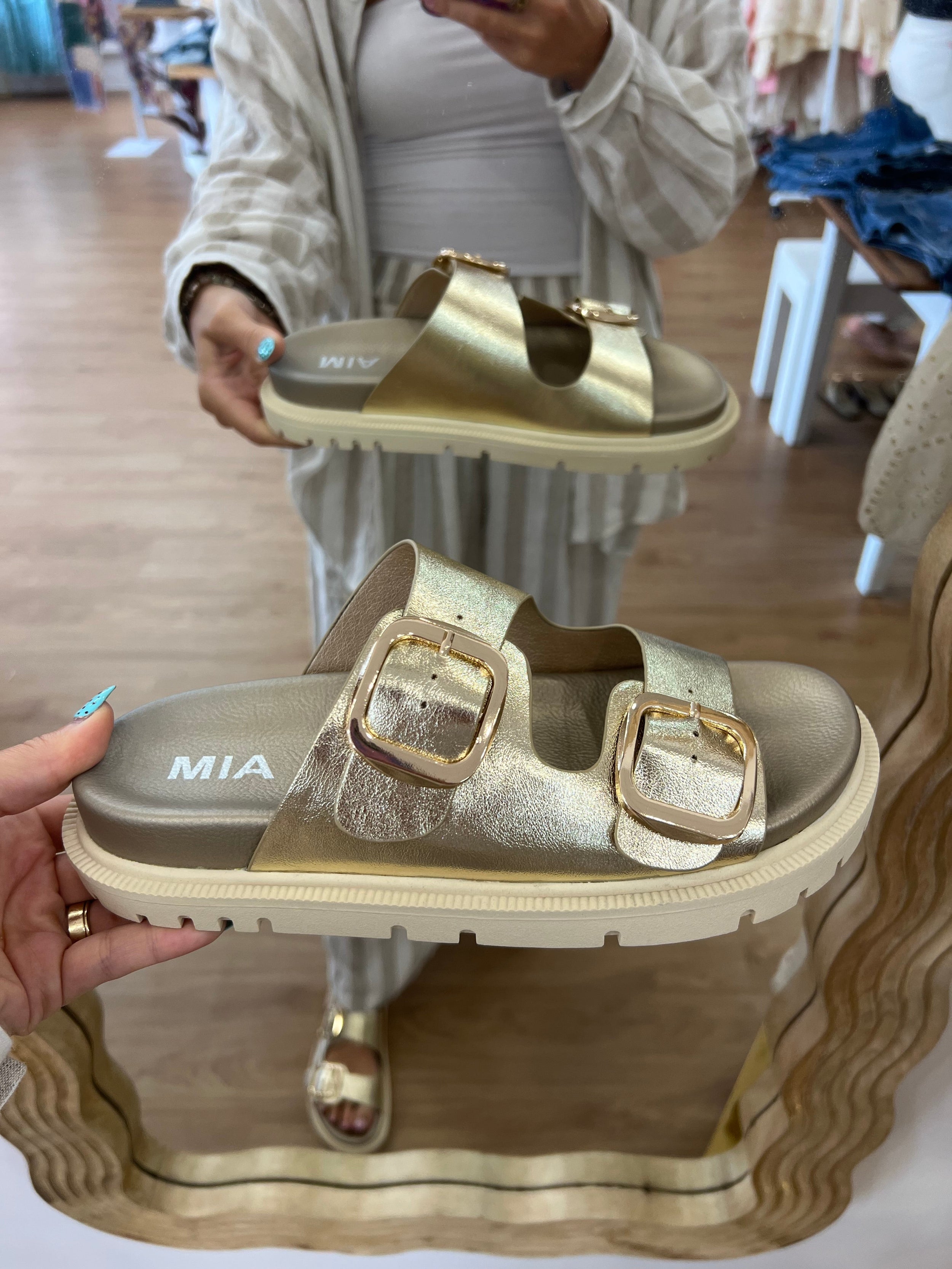 gold sandal,summer sandal, flip flops, birkenstock, metallic gold slide sandal, trendy footwear, sandals under $100
