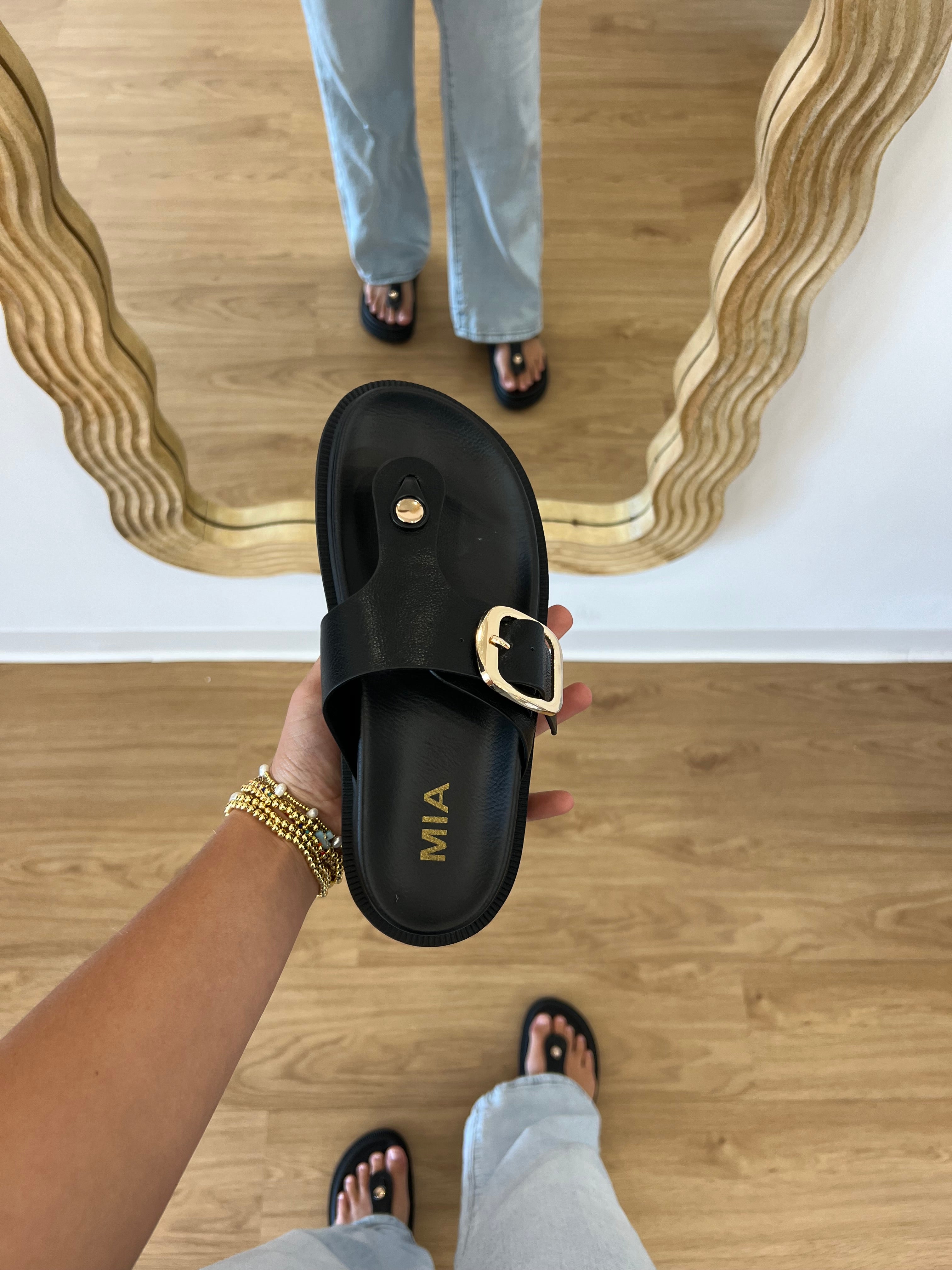 black sandal, black flip flop, gold buckle sandal, mia sandals, leather sandal, birkenstock