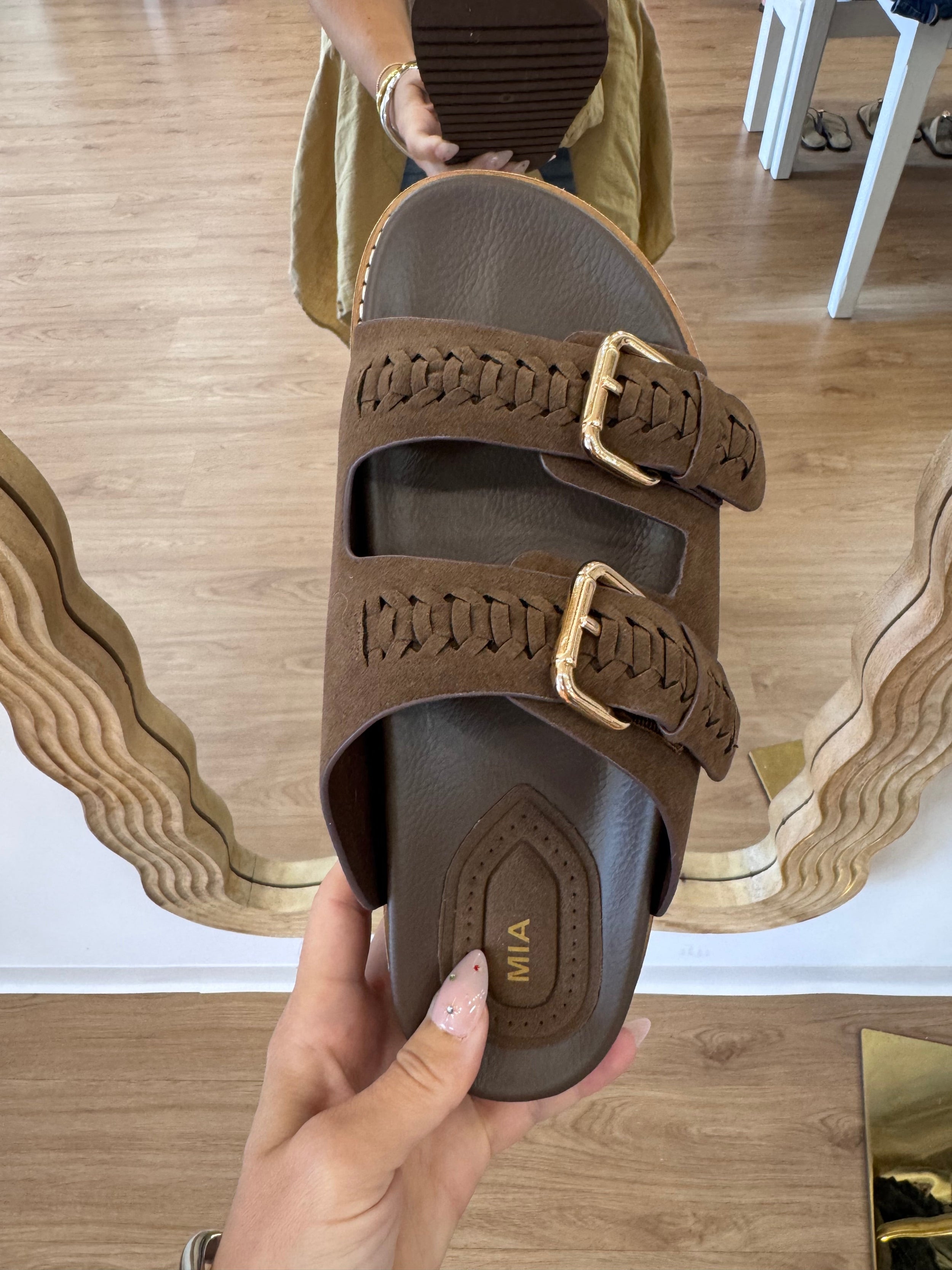Birkenstock style sandal, brown braid strap, everyday sandal, elevated sandal, transitional sandal