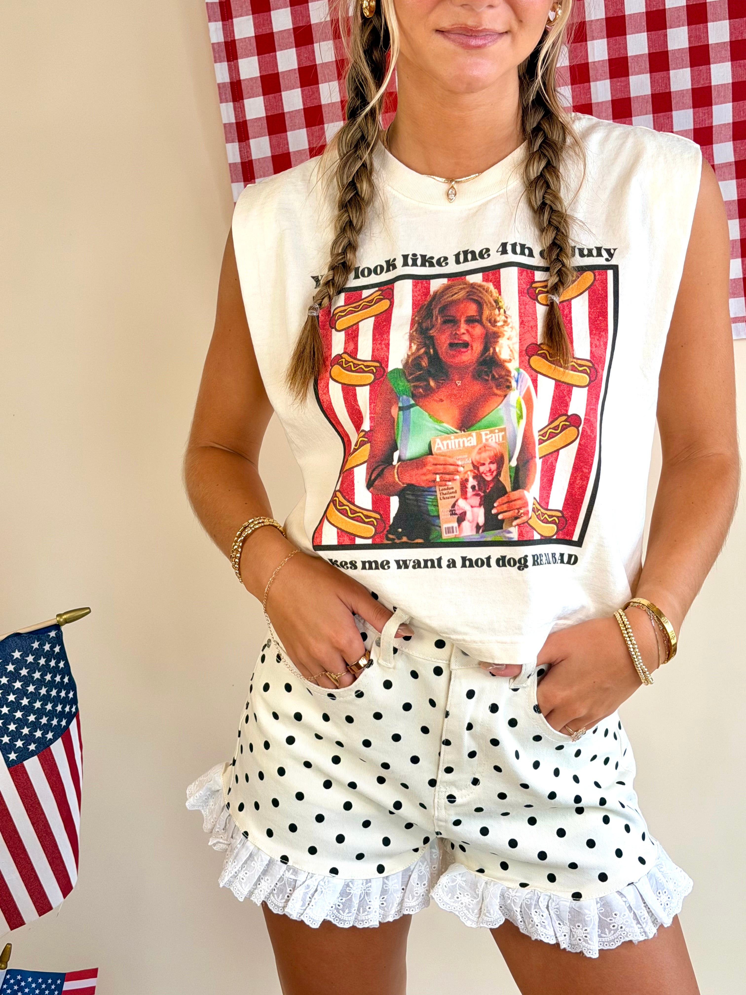 Funny 4th of July, Tank Tee, Jennifer Coolidge, Hot Dog
