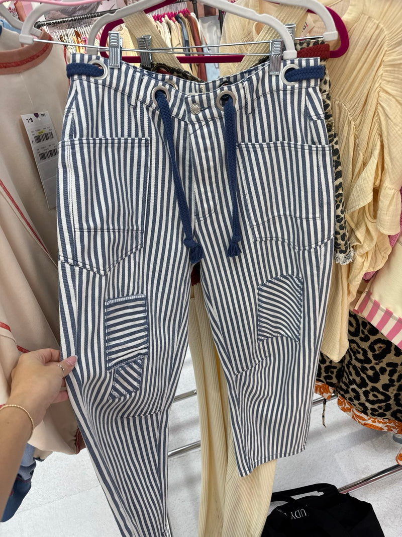 Multi Blue Striped Barrel Pants