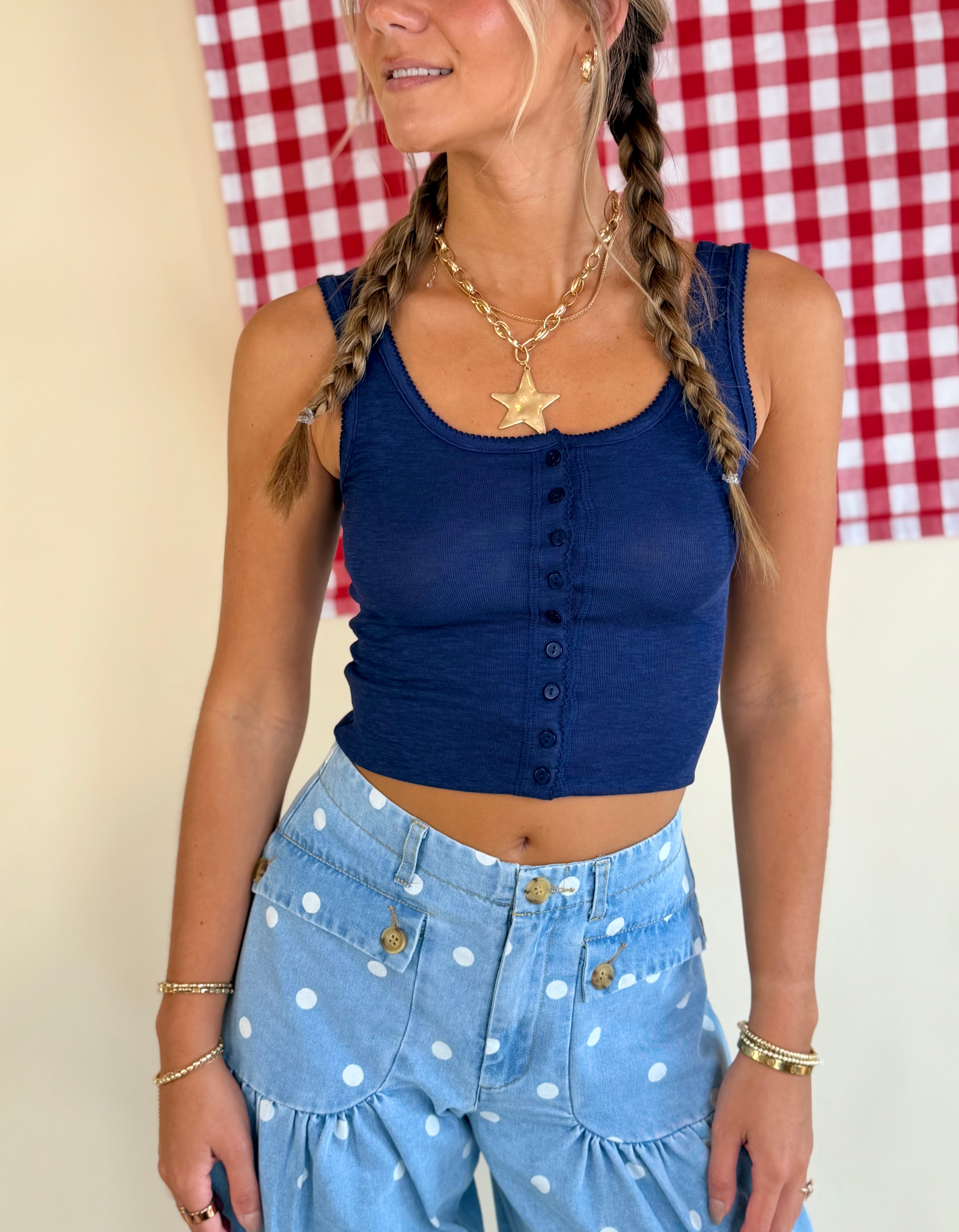 Henley Tank, Navy Blue, Button Detail, Full Length, Tank Top, Square Neckline, Scalloped Edge, Basic Tank