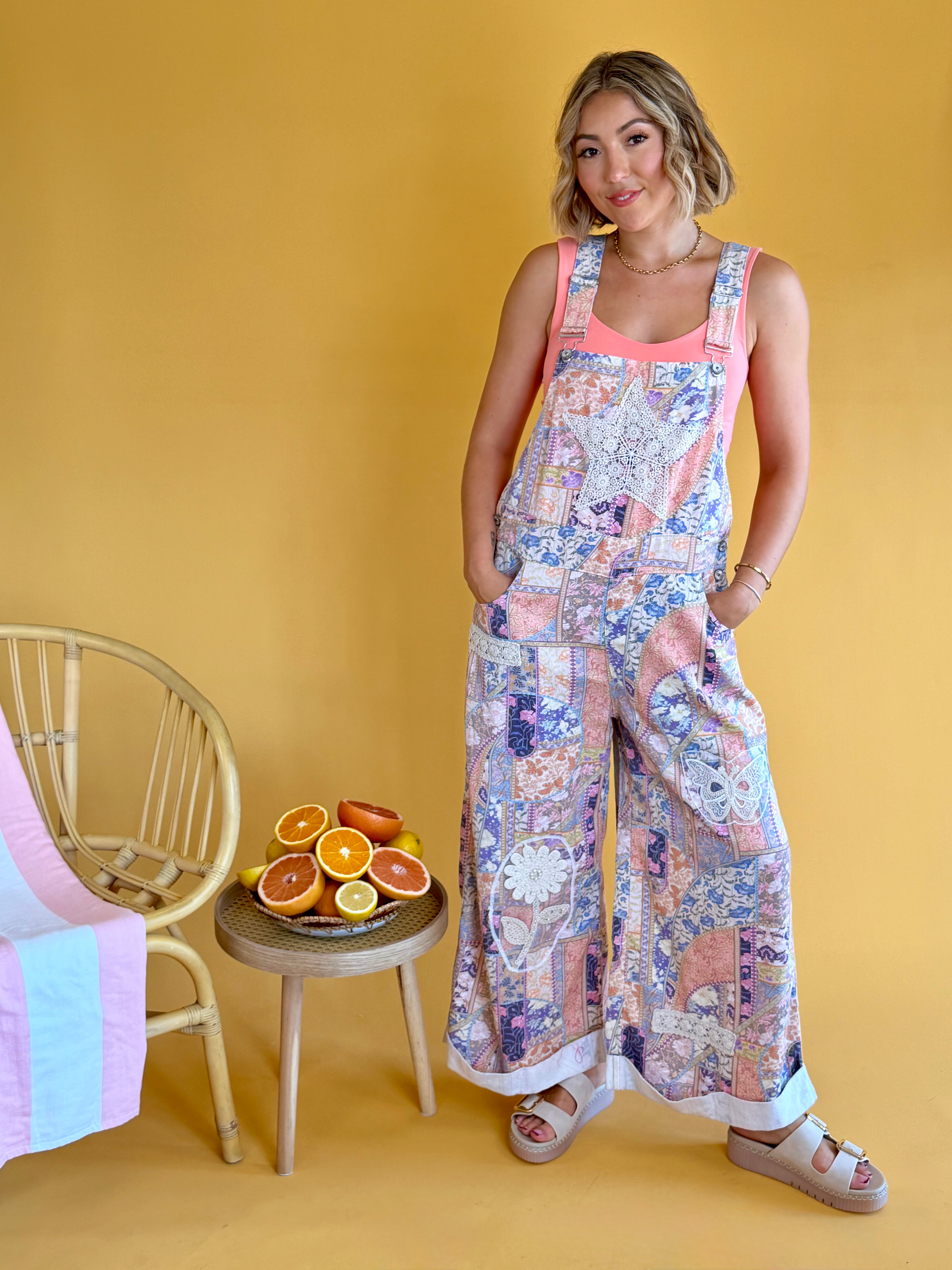 POL Clothing, overalls, boho, patchwork, cute, fun, crochet details, lace details, summer, summer overalls, vacation, vacay outfit