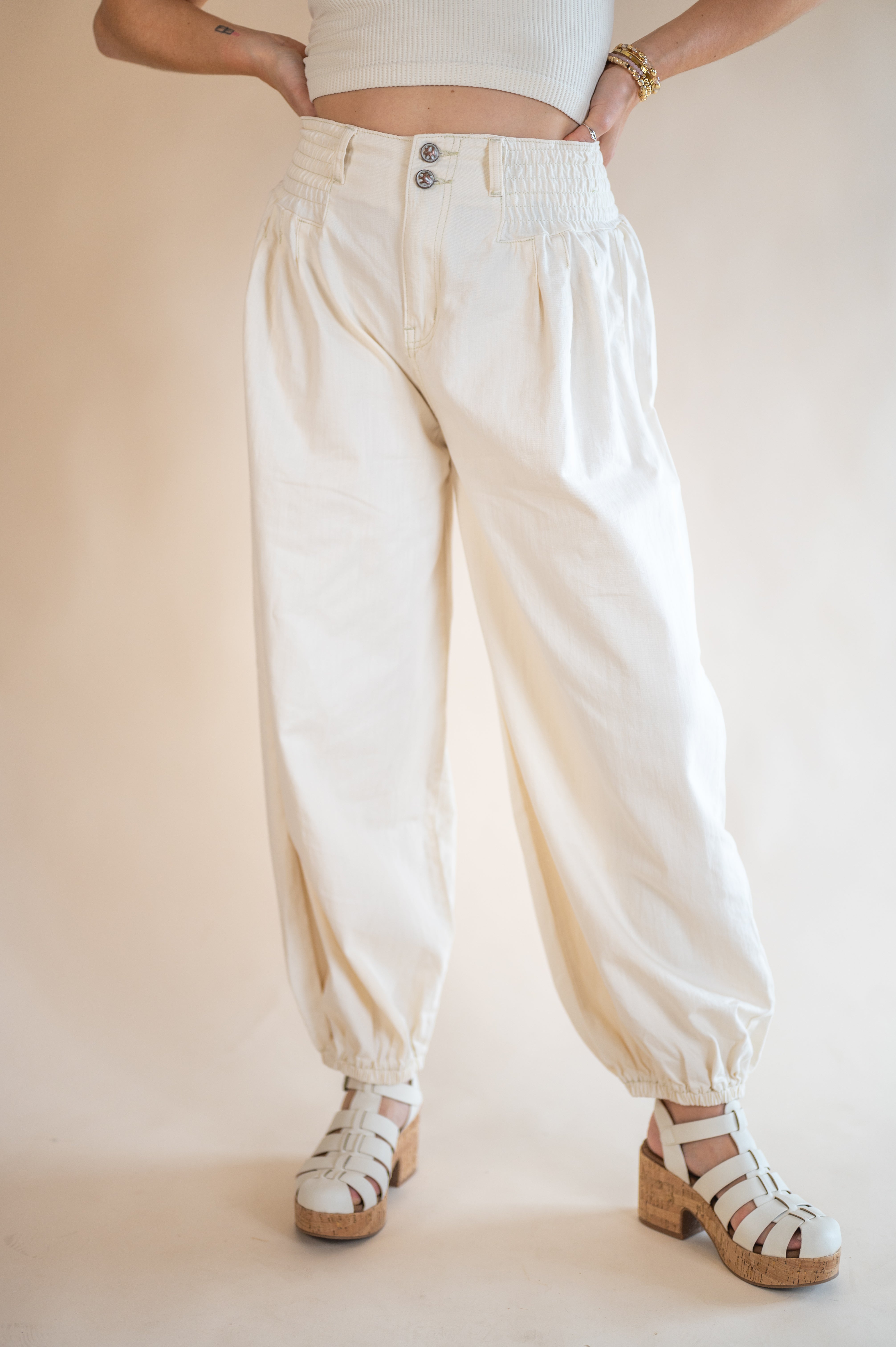 smocked waits, jogger pants, harem pants, cream barrel pants, barrel, cream