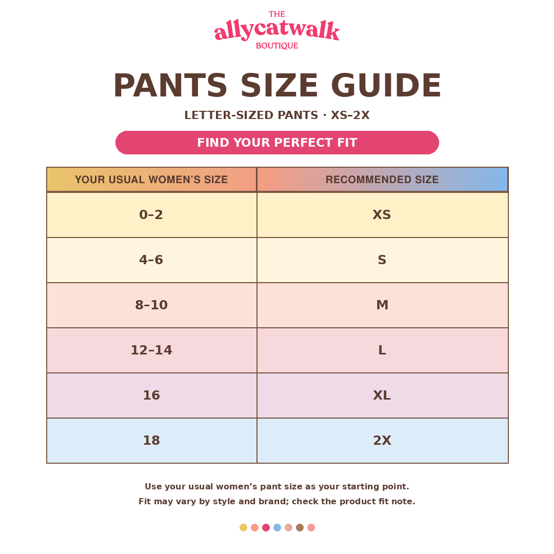 TheAllyCatWalk pants size guide showing XS–2X and corresponding numeric sizes.