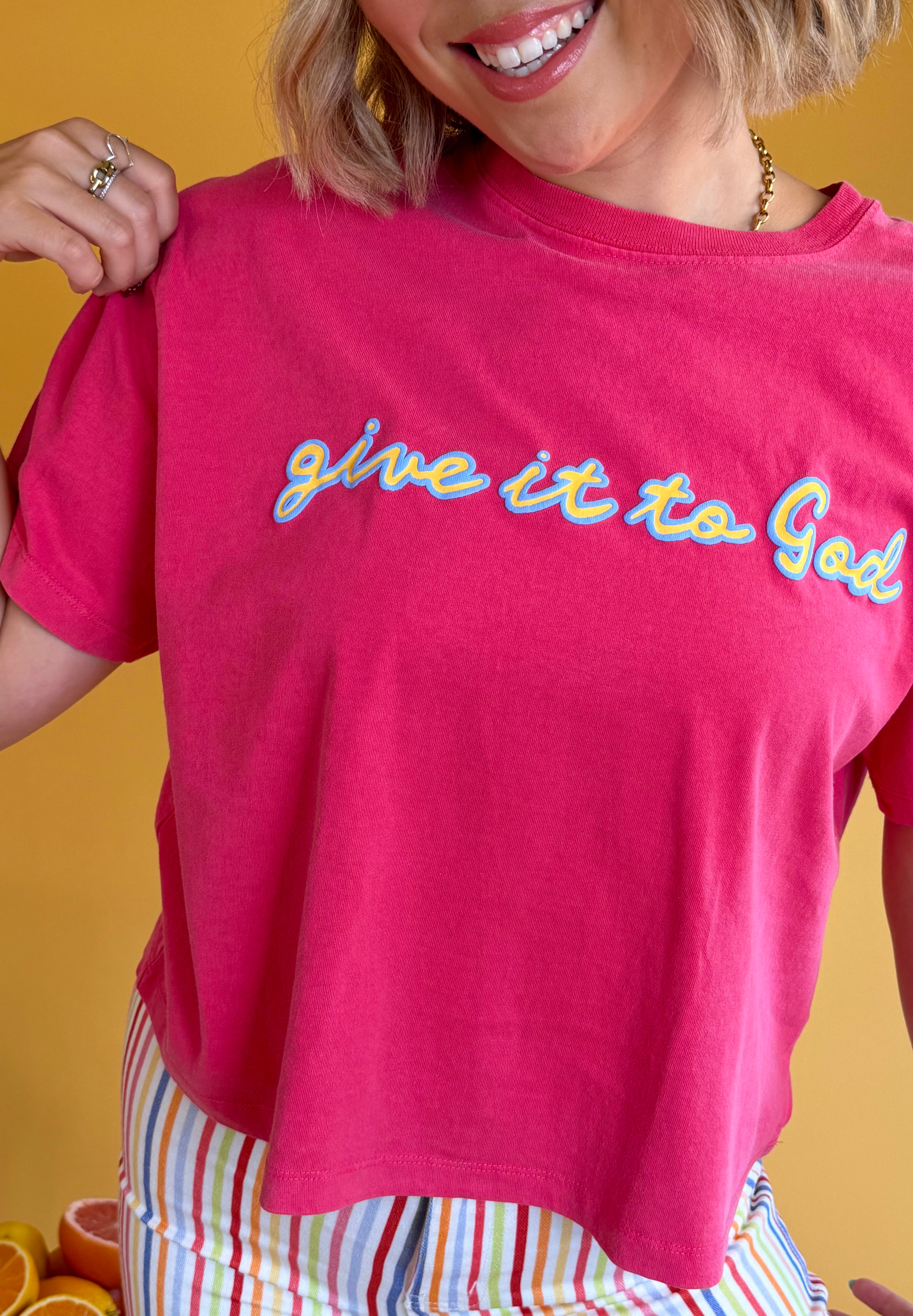 Poppy & Pine, Give It To God, graphic tee, round neckline, hot pink, summer, christian shirt, summer top, vacay, vacation