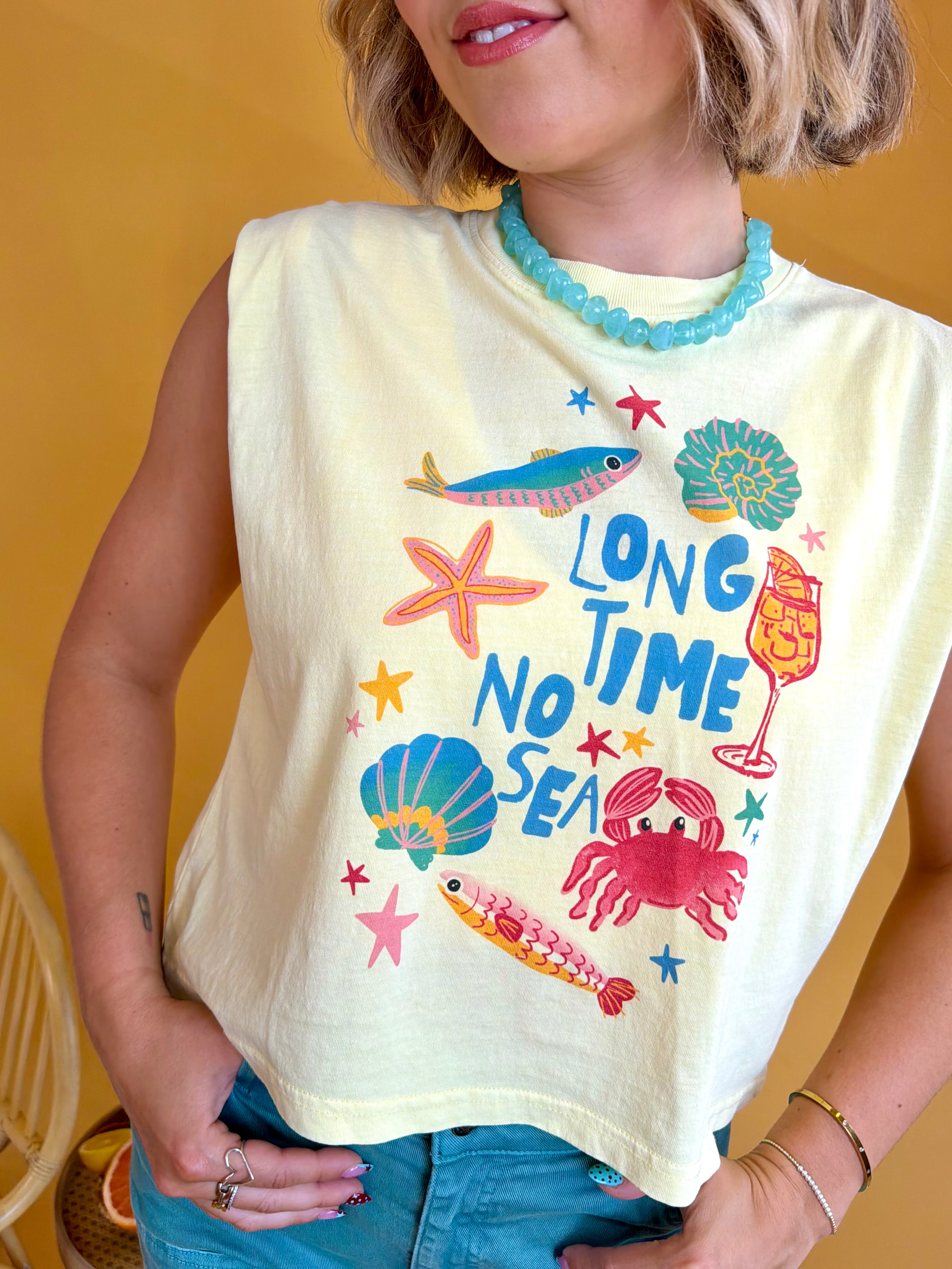 tank top, tee, muscle tank, long time no sea, Poppy & Pine, yellow top. summer top, summer, vacation, vacay outfit, cute, fun, nautical, coastal
