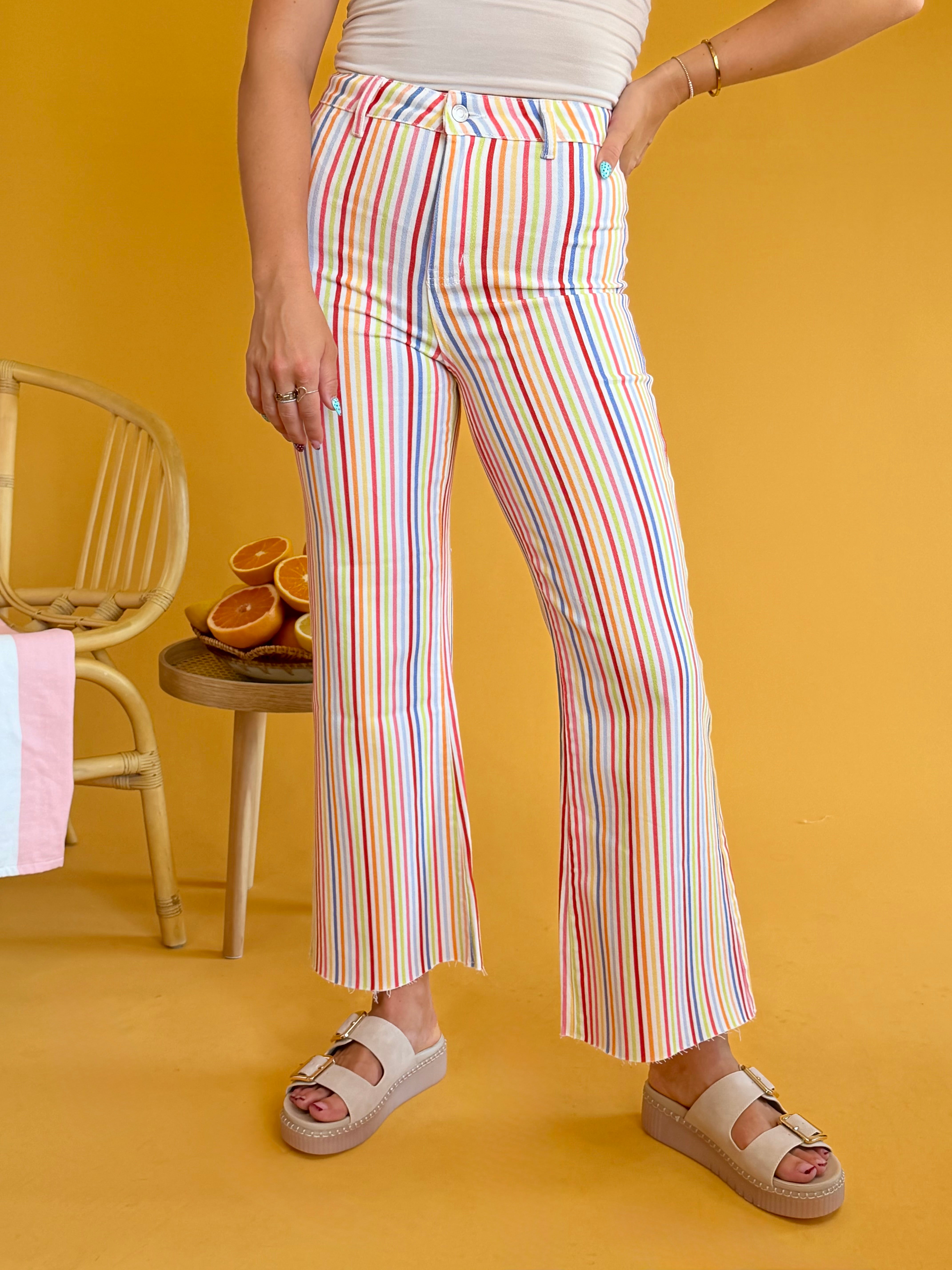 Poppy & Pine, pants, striped pants, rainbow, multi color, raw hem, high rise, sipper fly, button closure, stretchy pants, summer pant, summer, vacation, vacay outfit, cute