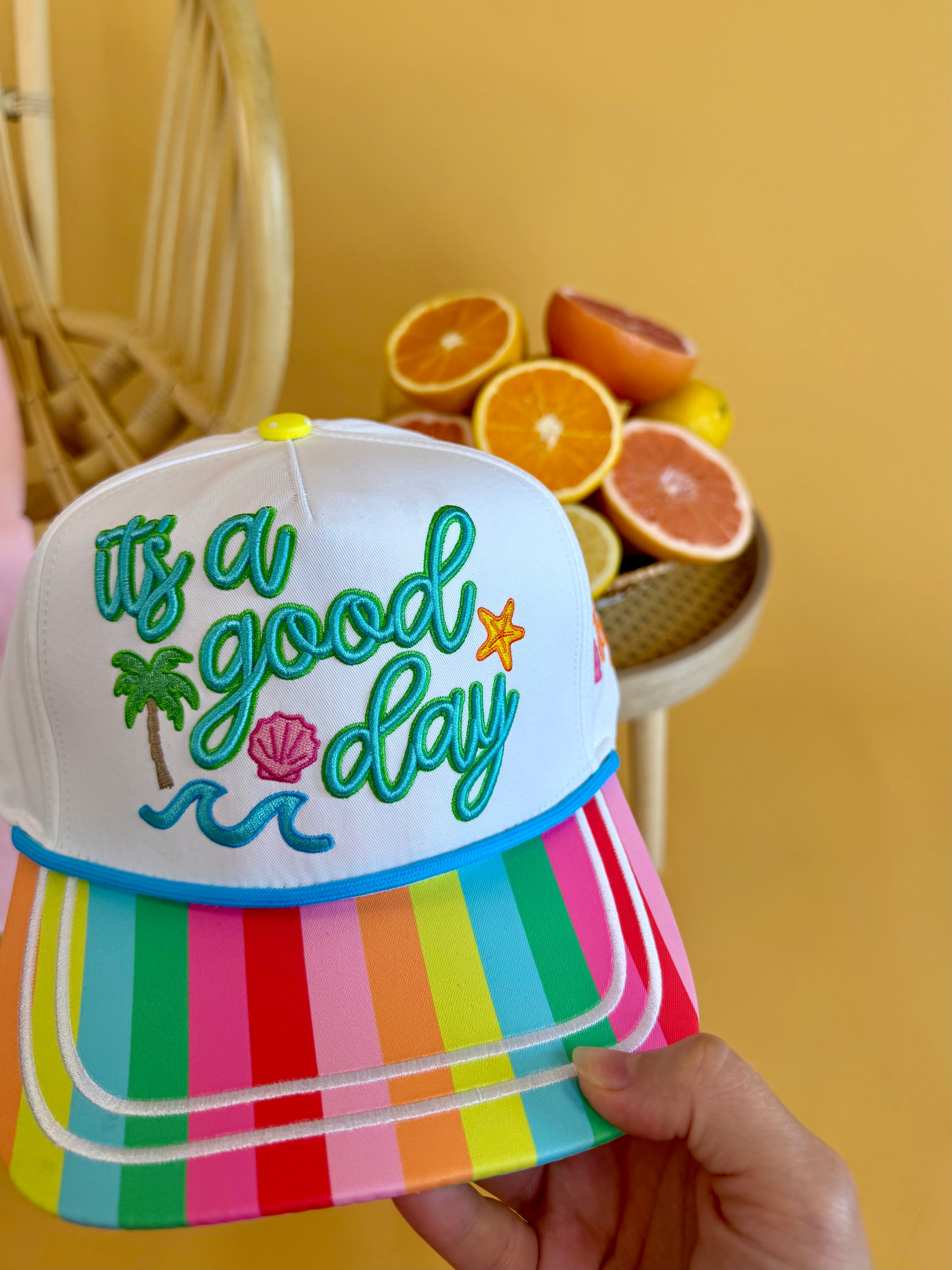 Poppy & Pine, trucker hat, snapback, rainbow how, seas the day, cute, embroidered hat, summer hat, summer, vacation, vacay, tropical , coastal, colorful, fun