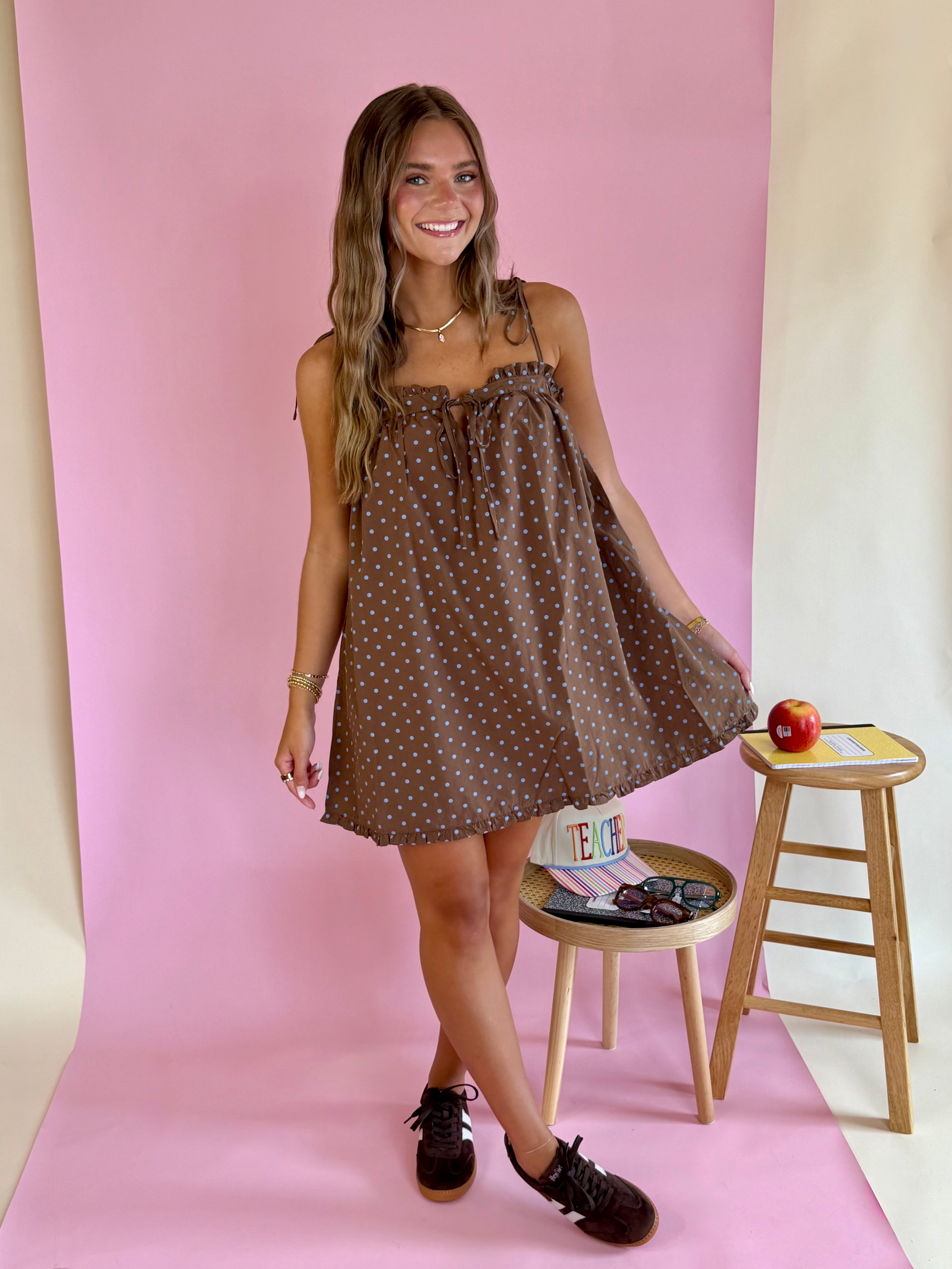 Brown Polka Dot Dress, Mini Dress, Flowy Dress, Tie front dresses, Brown with Blue Polka Dot, Babydoll Dress, Back to School