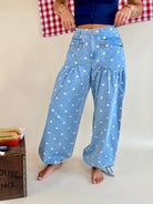 Polka Dot Print, Pleated Pockets, Tie Hem, Girly, Fun Jeans, Wide Leg, High Waisted