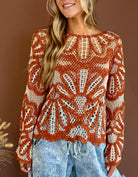 crochet top, cover up top, orange and white top, long sleeve crochet top, burnt orange top