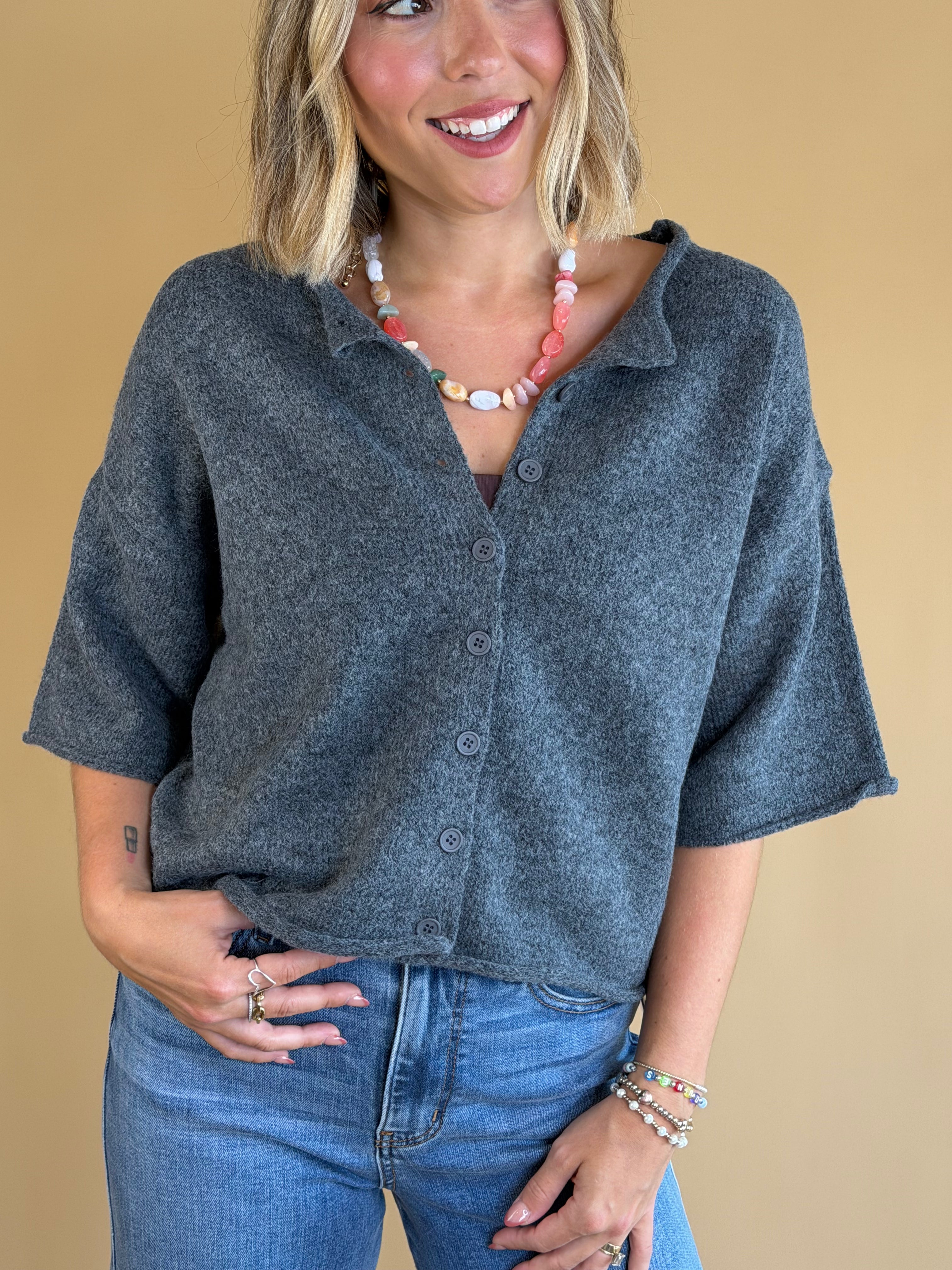 Quarter sleeve cardigan, buttoned sweaters, dark grey sweater, rolled hem, fall fashion, back to school, work attire 