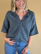 Quarter sleeve cardigan, buttoned sweaters, dark grey sweater, rolled hem, fall fashion, back to school, work attire 
