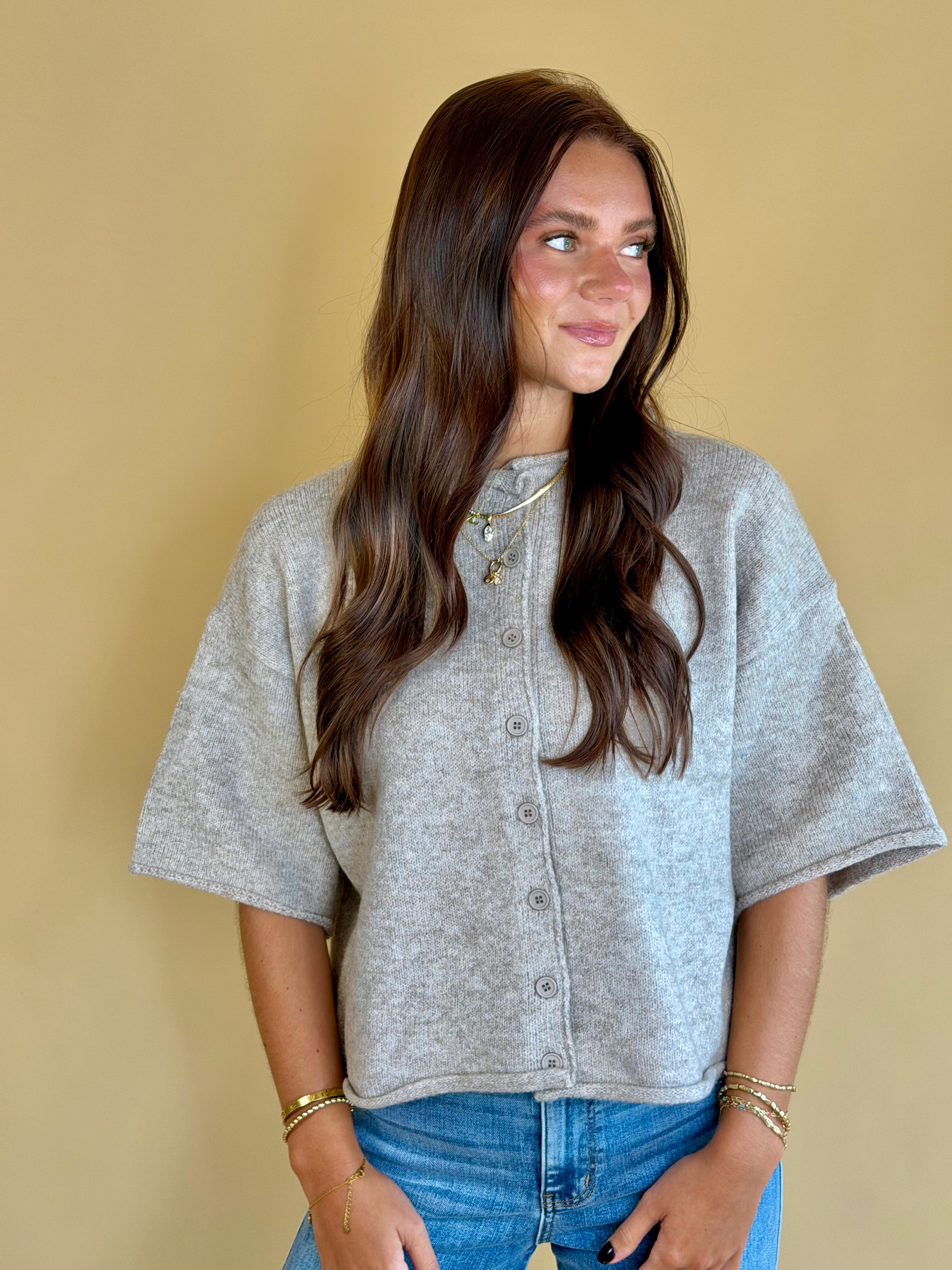 Short sleeve sweater, buttoned cardigan, everyday wear, fall fashion, brown sweaters, neutral sweaters, back to school