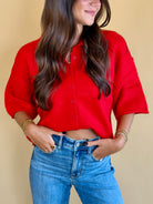 Red sweater, quarter sleeve sweater, short sleeve sweater, buttoned cardigans, fall fashion, back to school, everyday wear, elevated basics