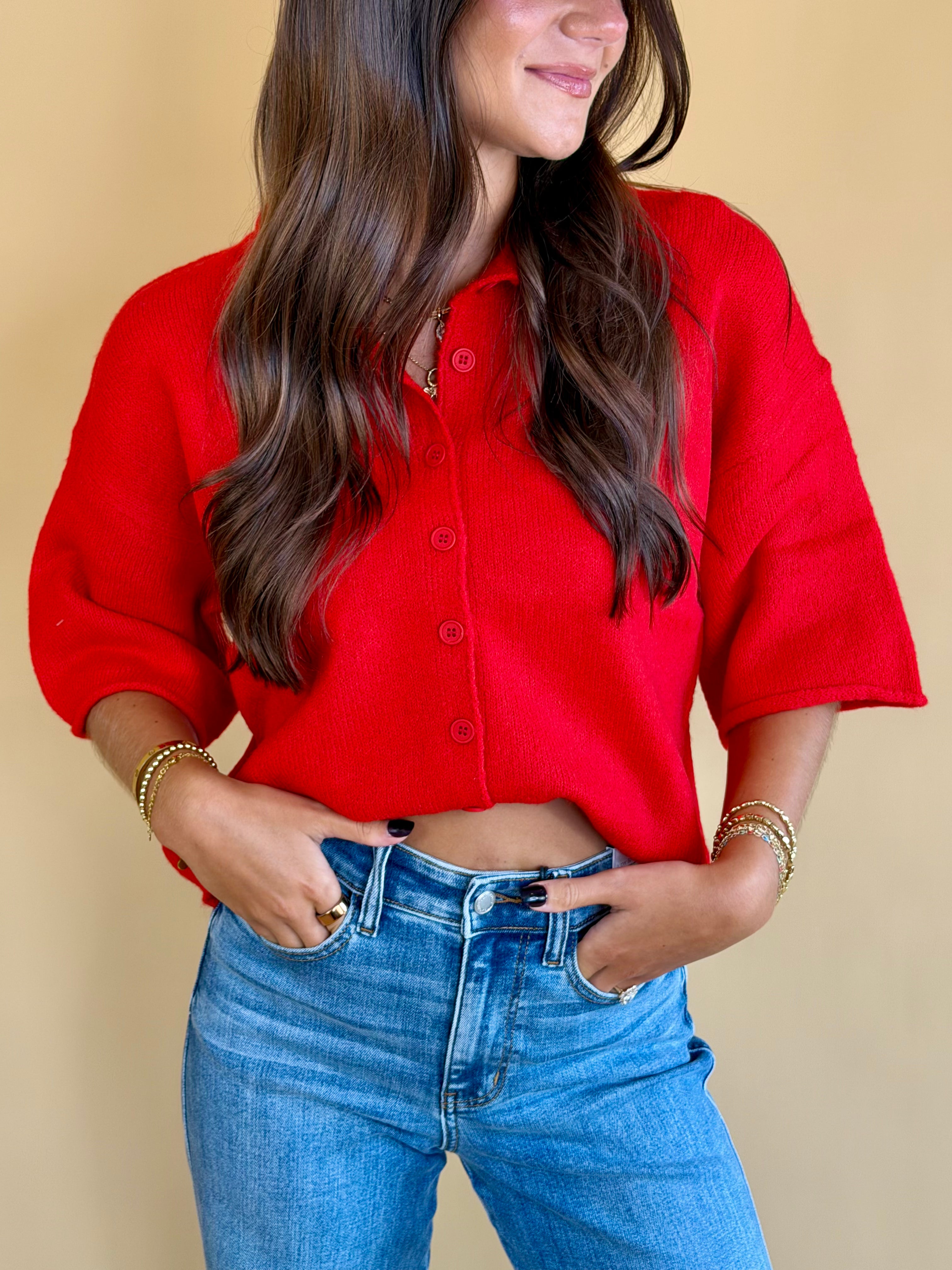 Red sweater, quarter sleeve sweater, short sleeve sweater, buttoned cardigans, fall fashion, back to school, everyday wear, elevated basics