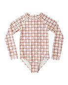 Children's swimsuit with long-sleeve checkered pattern, cherry gingham, cream and red, cherry pie cutie, long-sleeve bathing suit, baby swim, cherries and plaid