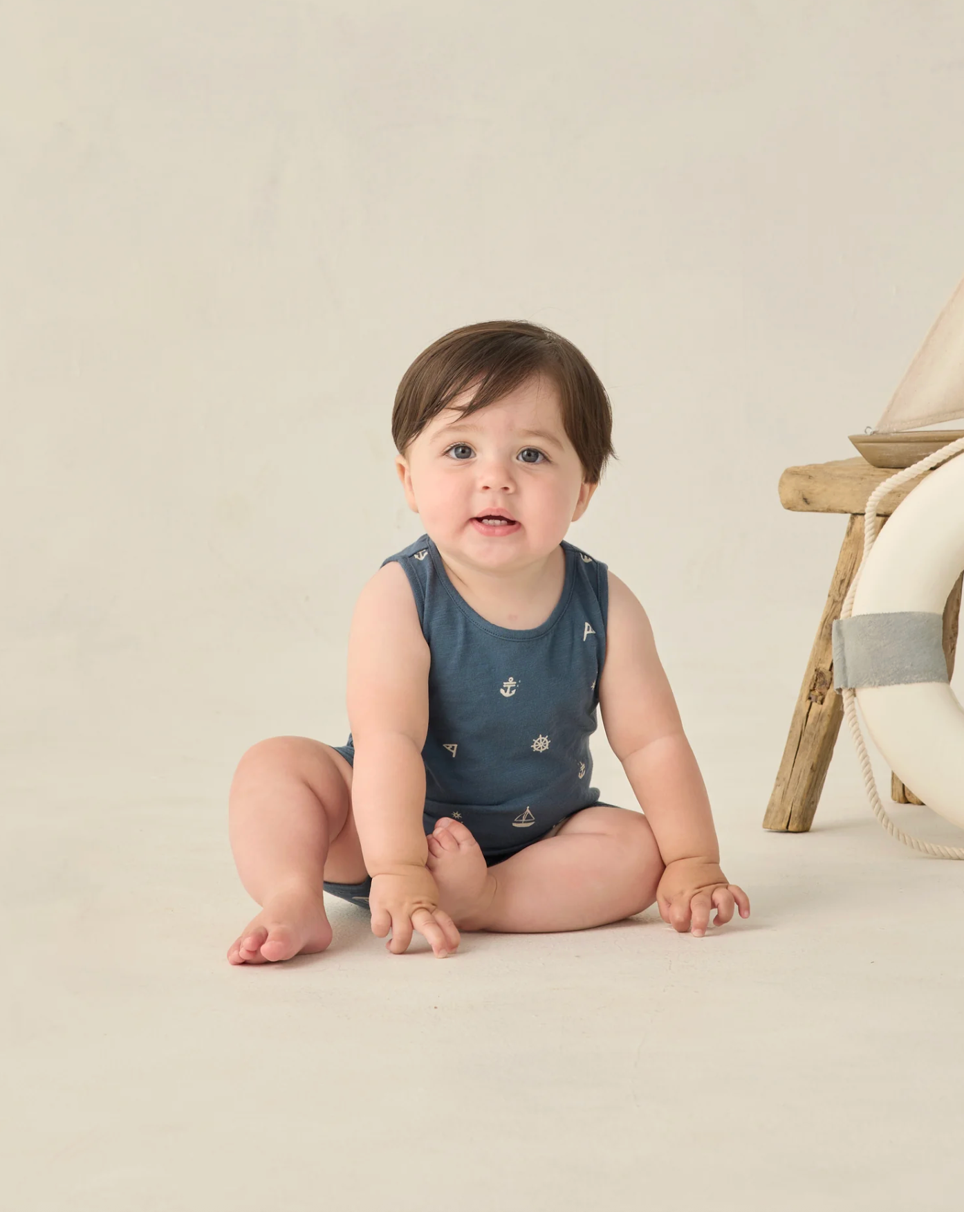 blue sleeveless onesie, baby boy, romper, nautical patterns, Marine Pattern, RYLEE + CRU, one piece