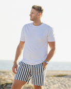Navy Stripe Pattern, RYLEE + CRU, Mens trunks, boardshorts, blue and cream stripe, swim suit, matching with wife and kids 