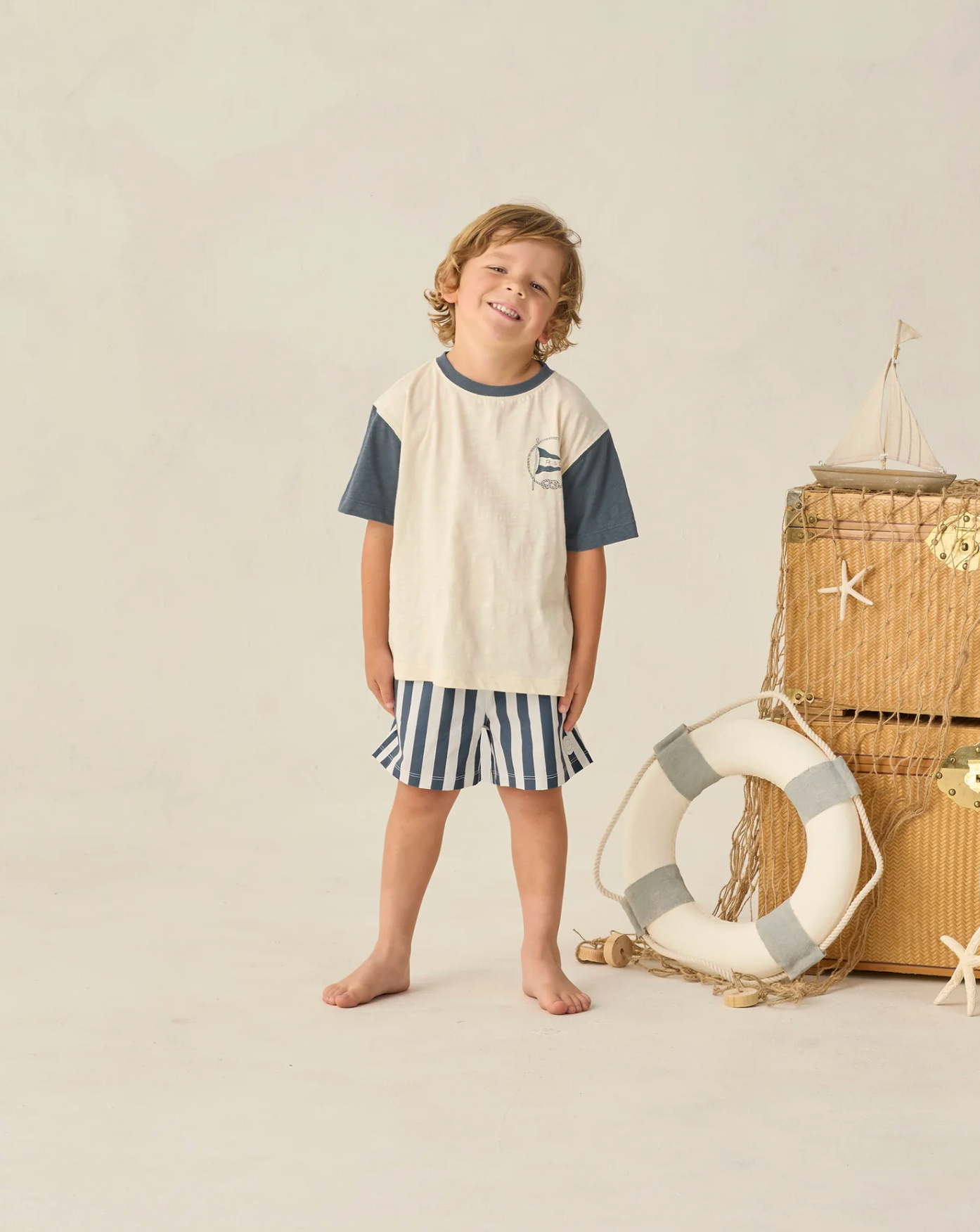 blue and white striped swim trunks, RYLEE + CRU, Navy Stripe Pattern, Match with siblings & mommy & Daddy, boardshorts