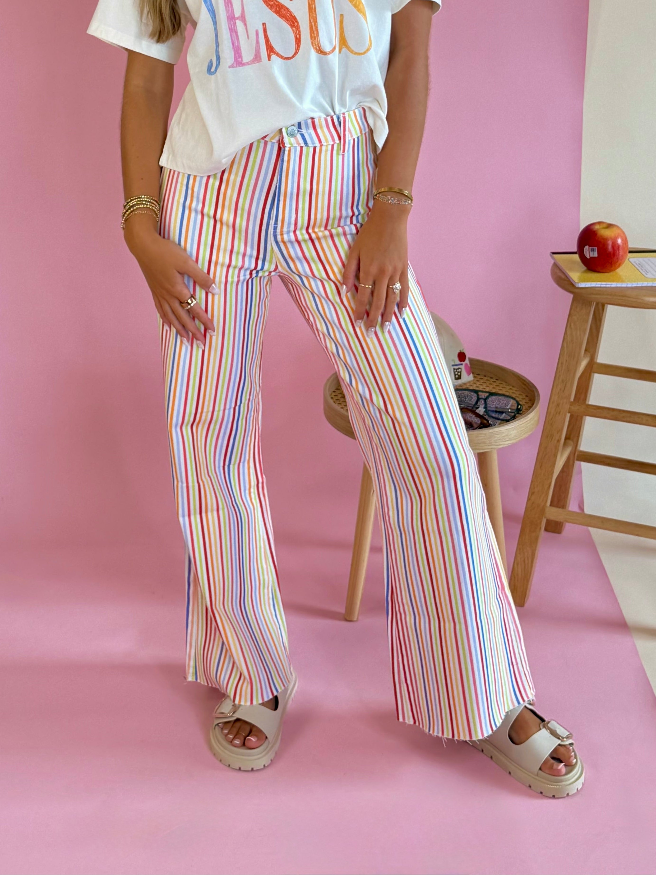 Striped pants, Rainbow pants, flare pants, teacher friendly bottoms, back to school attire, teacher outfit inspo