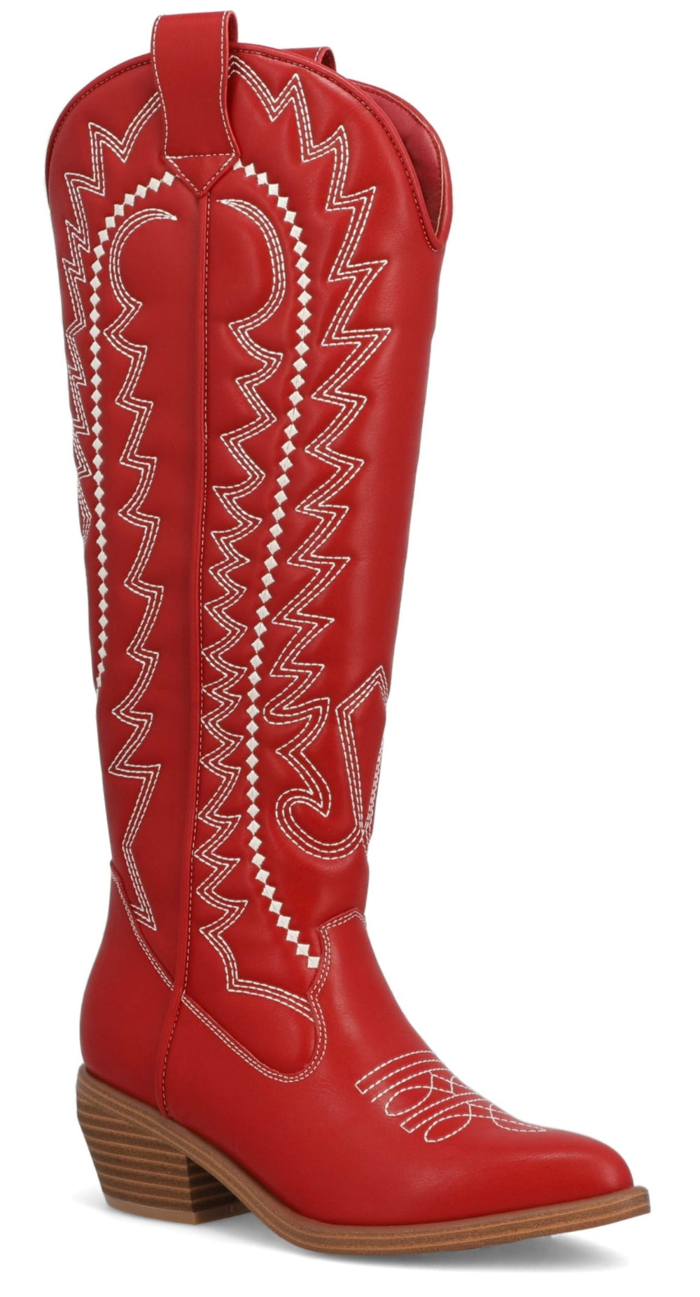 Red cowboy boot with white stitching on a white background, western, rodeo, cowgirl boot, red boot