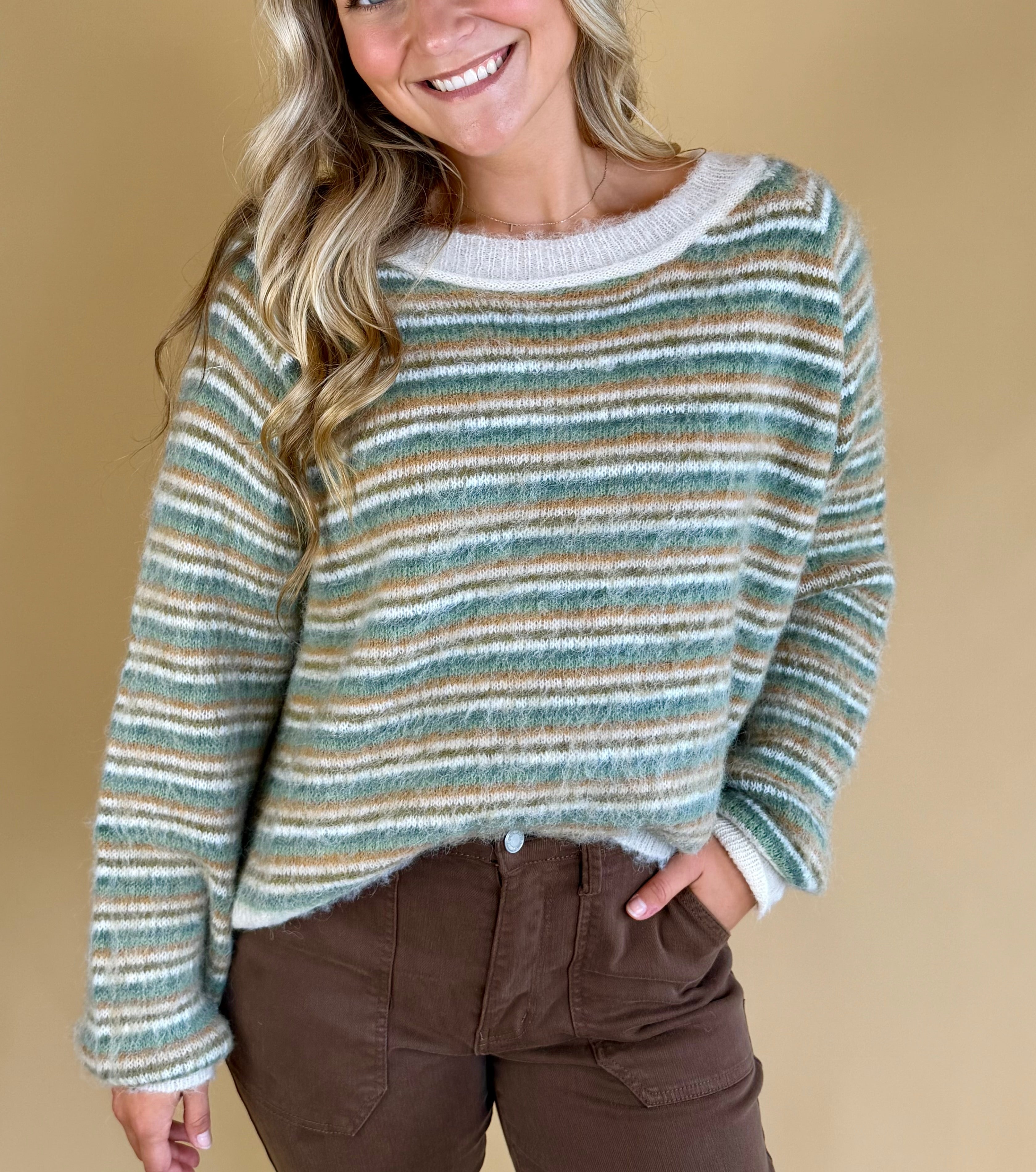 Striped Sweater, fall fashion, transitional wear, round neckline