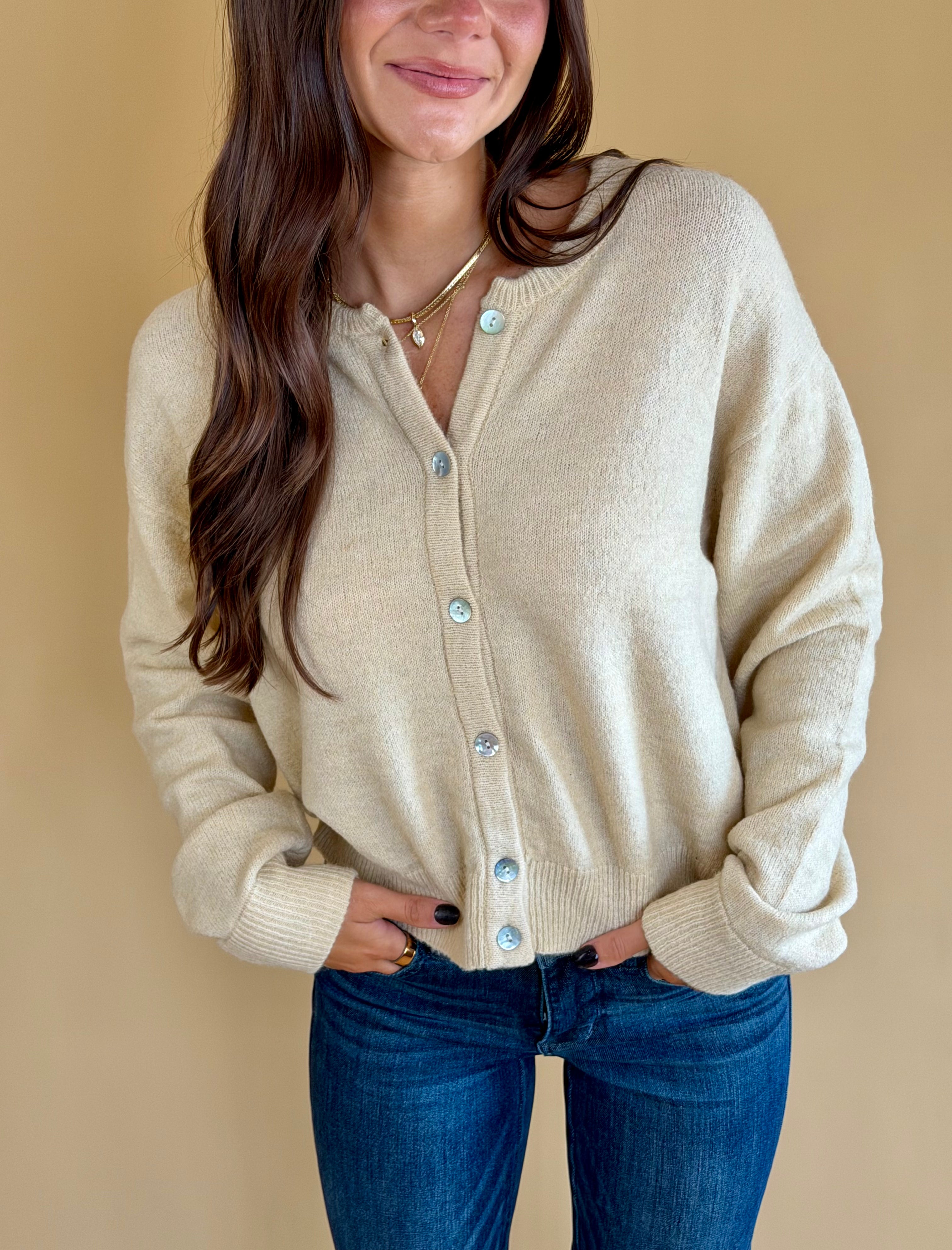 Neutral sweater, buttoned sweater, layering piece, light colored cardigan, fall fashion, everyday wear, back to school