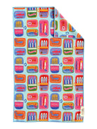 Colorful fabric with pattern of small boxes and items on a white background, colorful towel, sardine print, household item, gifts, summer color hand towel 