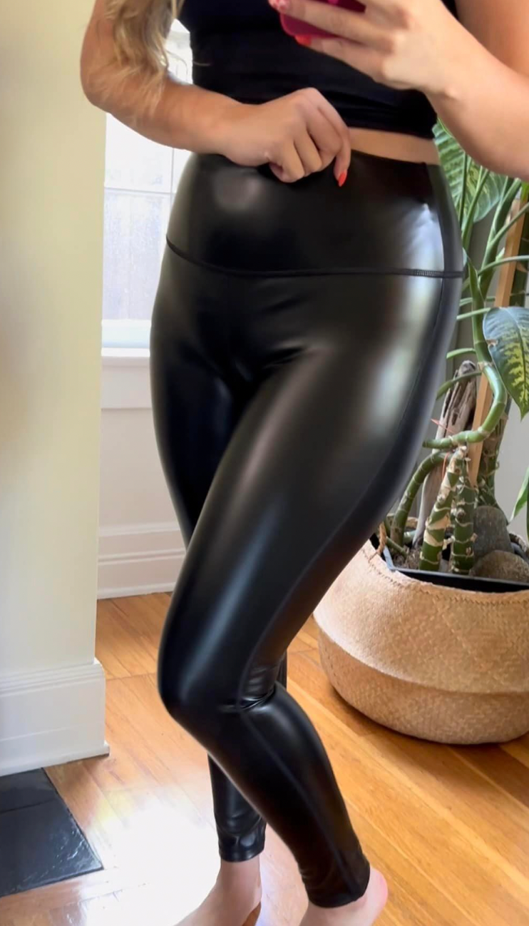 High Waisted Black Leather Leggings Spandex Leggings Black Glossy