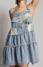 Denim and Lace Tiered Overall Dress: Denim Blue