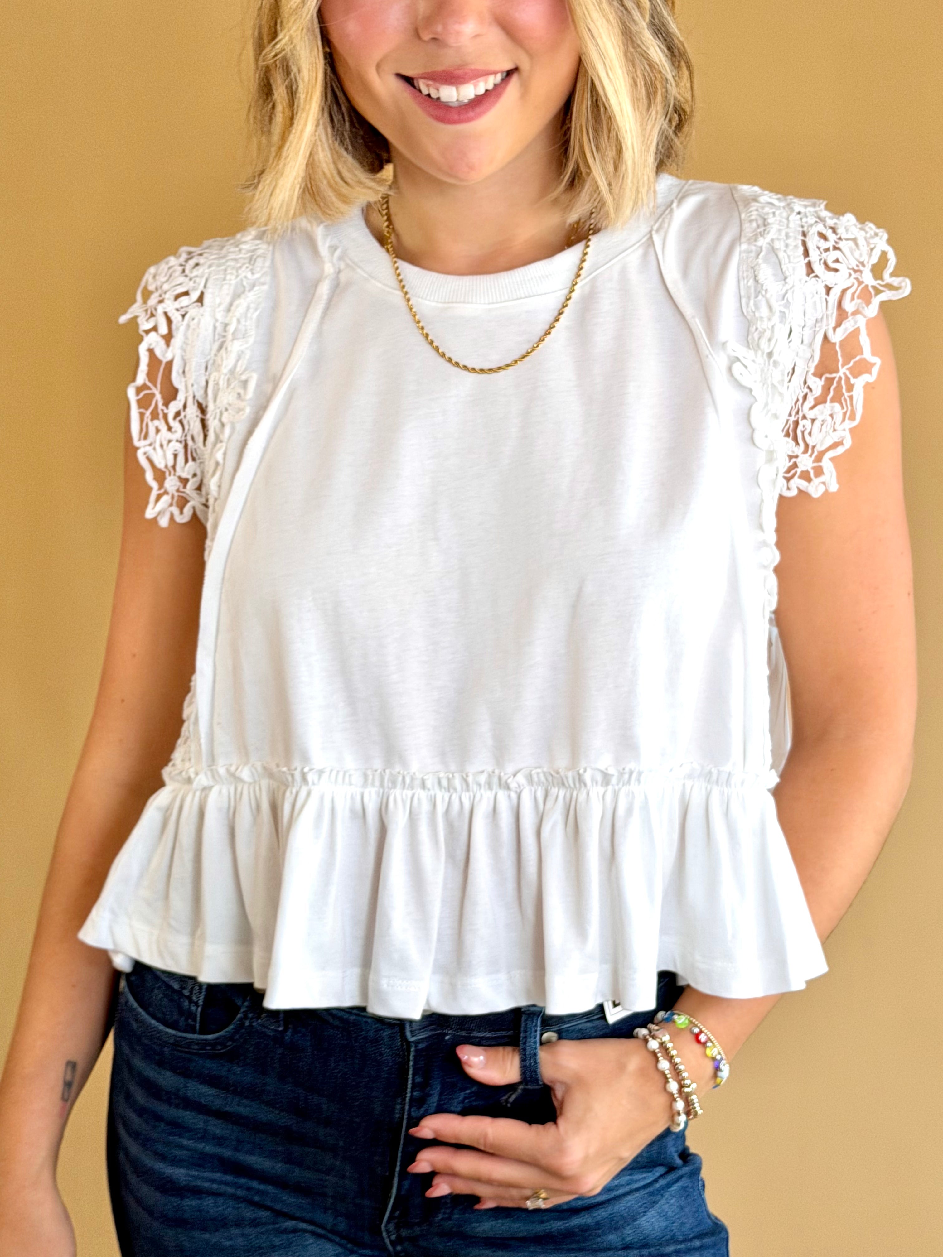 White lace top, ruffle bottom, white lace trim, work attire, business casual, fashionable work attire, everyday basic