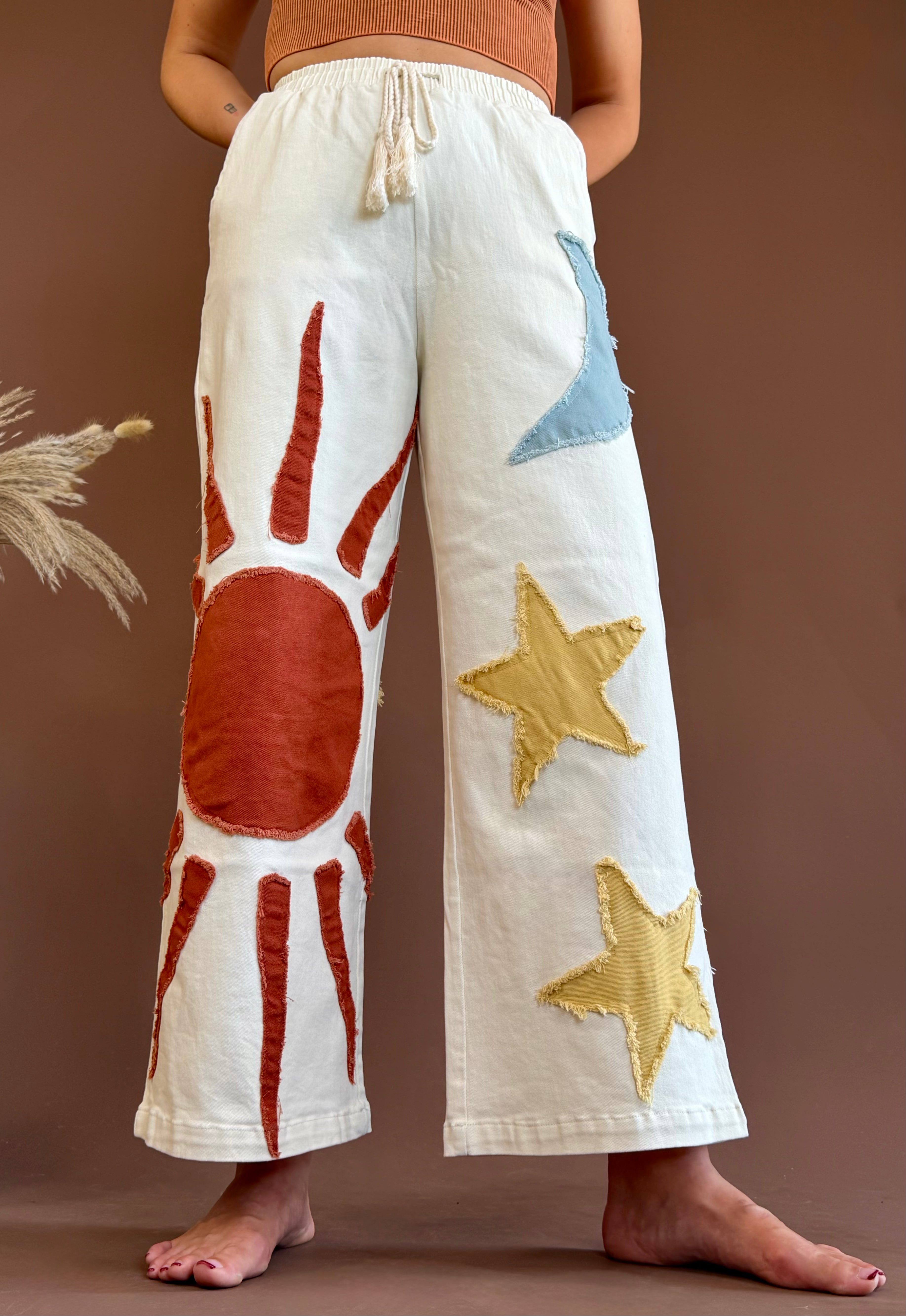 Sun pant, moon and star pant, wide leg pant, drawstring pant, linen pant, patchwork pant 
