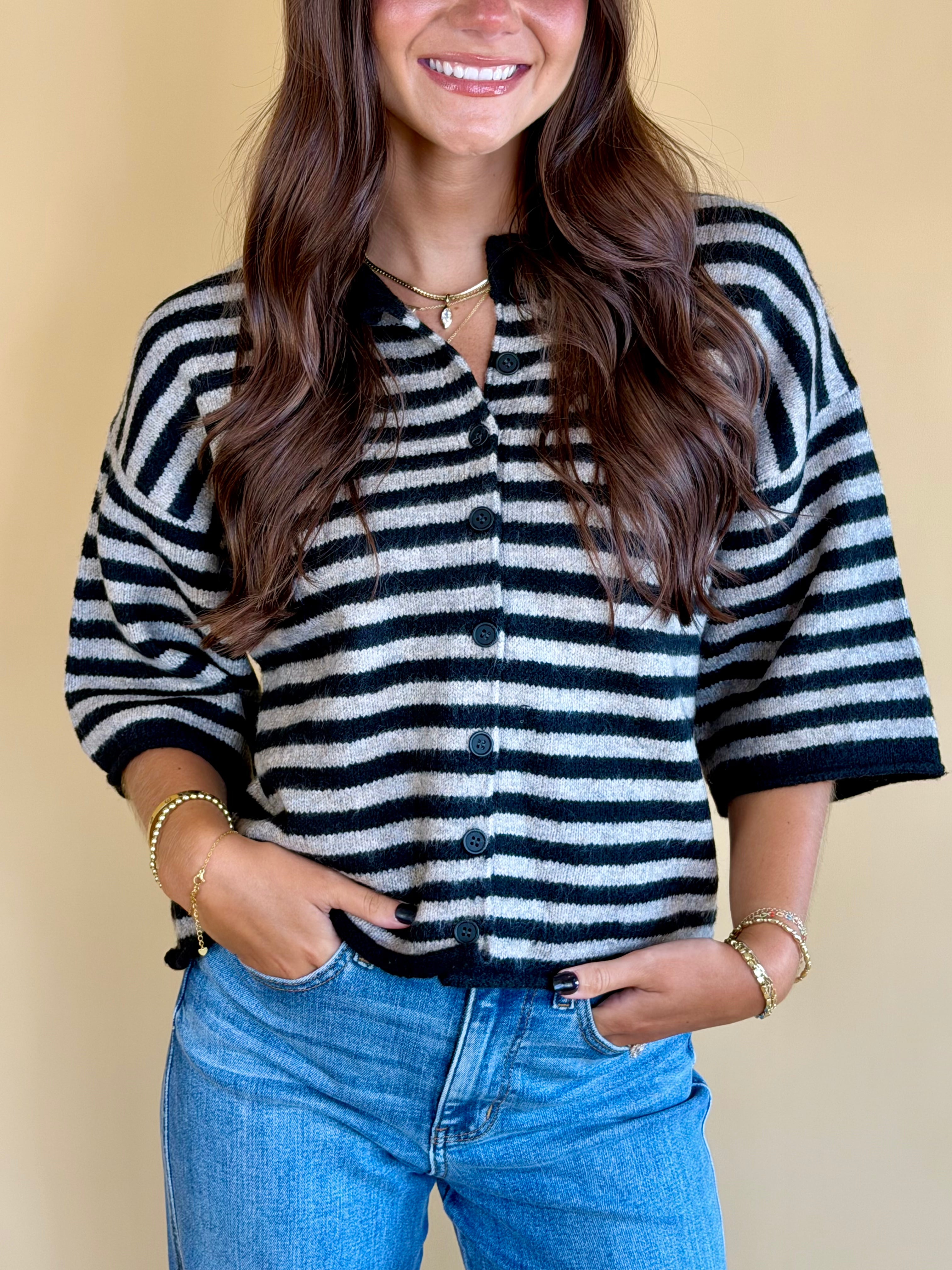 Black striped sweater, short sleeve sweater, quarter sleeve cardigan, buttoned cardigan, black and grey, black and taupe, striped fashion, back to school