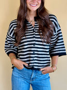Black striped sweater, short sleeve sweater, quarter sleeve cardigan, buttoned cardigan, black and grey, black and taupe, striped fashion, back to school