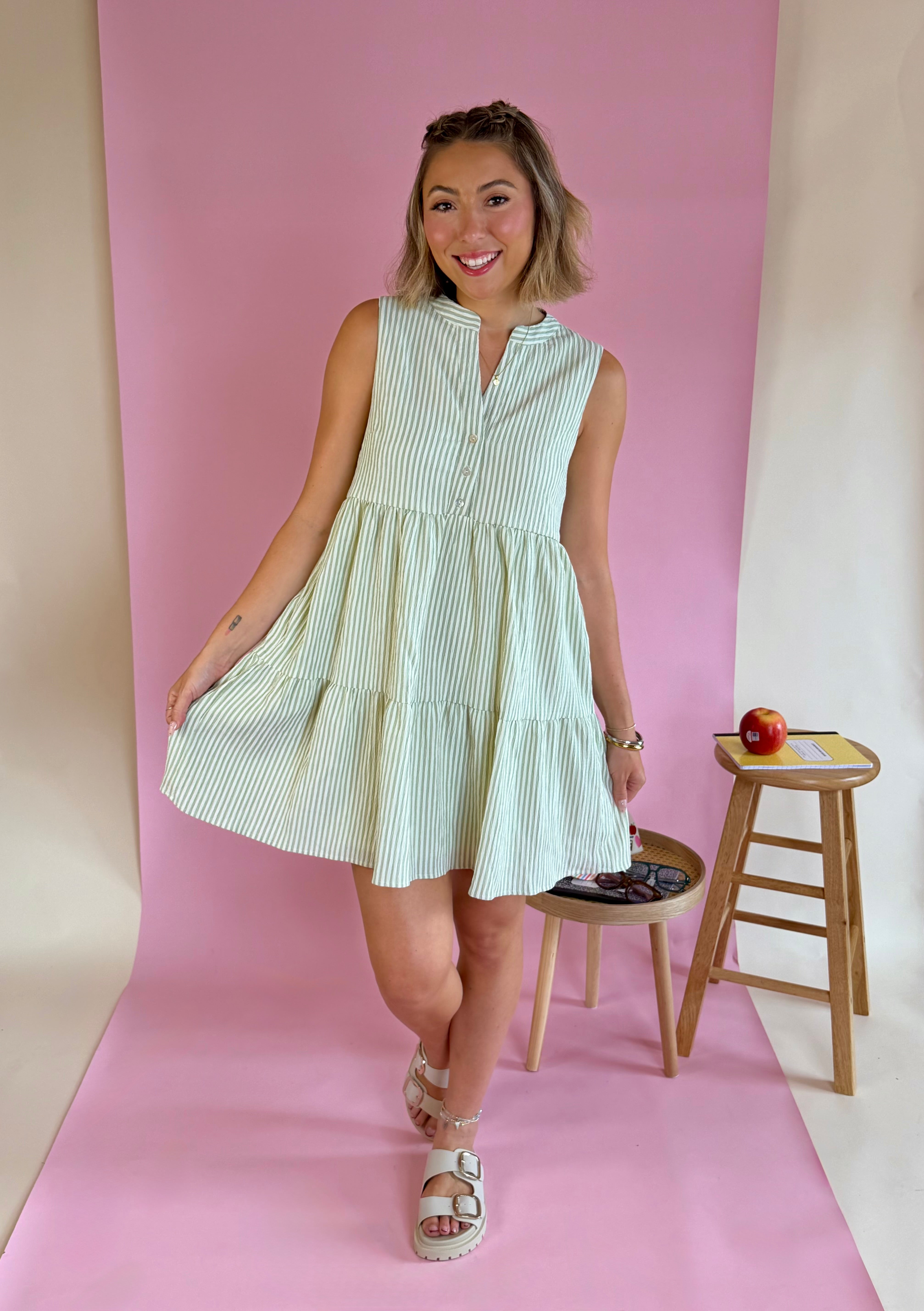 Green Mini Dress, Teacher Friendly, Striped Dress, Trendy dresses, Button Up Dress, Green and White Dress
