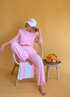 baby pink, comfy set, comfortable, summer outfit, summer, vacation, vacay outfit, travel outfit set, airplane outfit, set, pants and top set, round neck, elastic waist, girly, cute 
