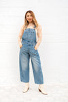 Mid-Waisted & Washed Barrel Overalls: Medium Light Wash