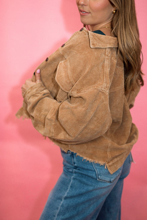 DOORBUSTER: POL Distressed Cotton Corduroy Shacket: Multiple Colors
