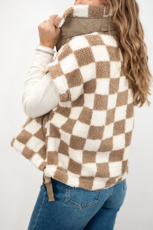 Taupe Checkered Sherpa Vest