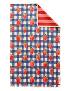 Towel with strawberry pattern on a blue and white checkered pattern, reversible side has red and pink stripe pattern, hand towel, kitchen towel, gift