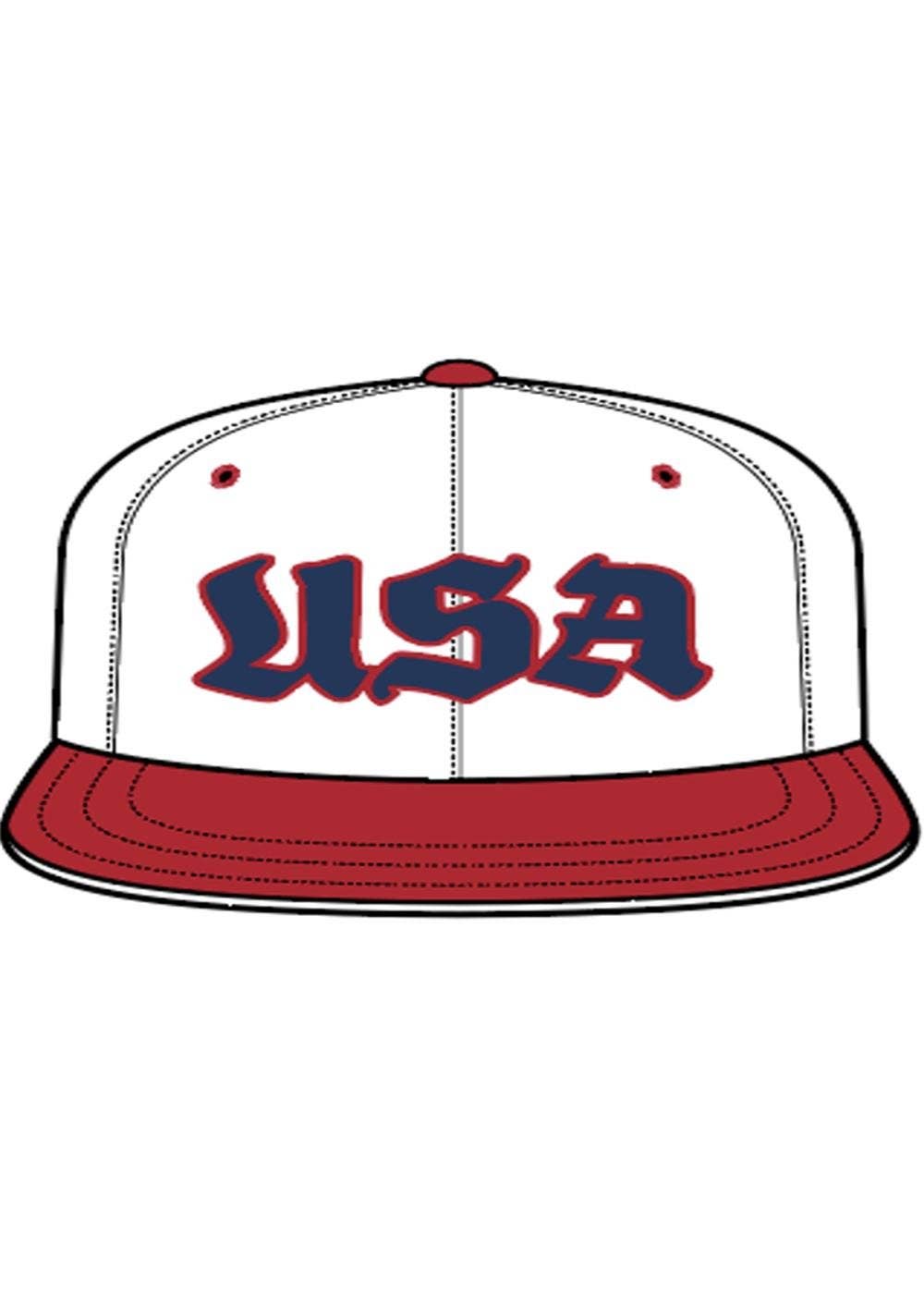 Baseball cap with 'USA' text on a white background, red brim, USA, snapback, graffiti font, red white and blue 
