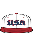 Baseball cap with 'USA' text on a white background, red brim, USA, snapback, graffiti font, red white and blue 